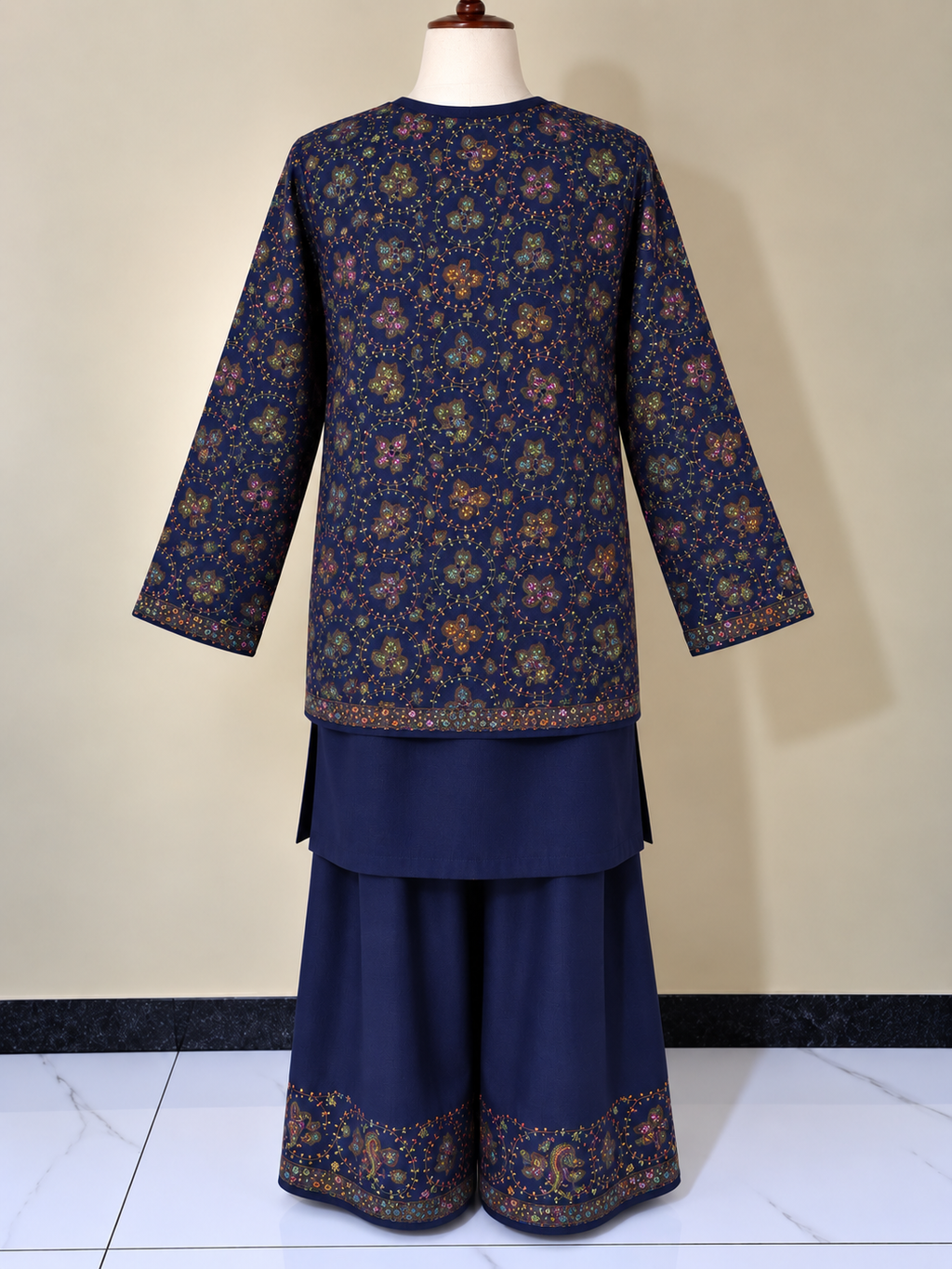 Navy Blue Pashmina Carry 3 Piece Suit with Farshi Shalwar and Coat