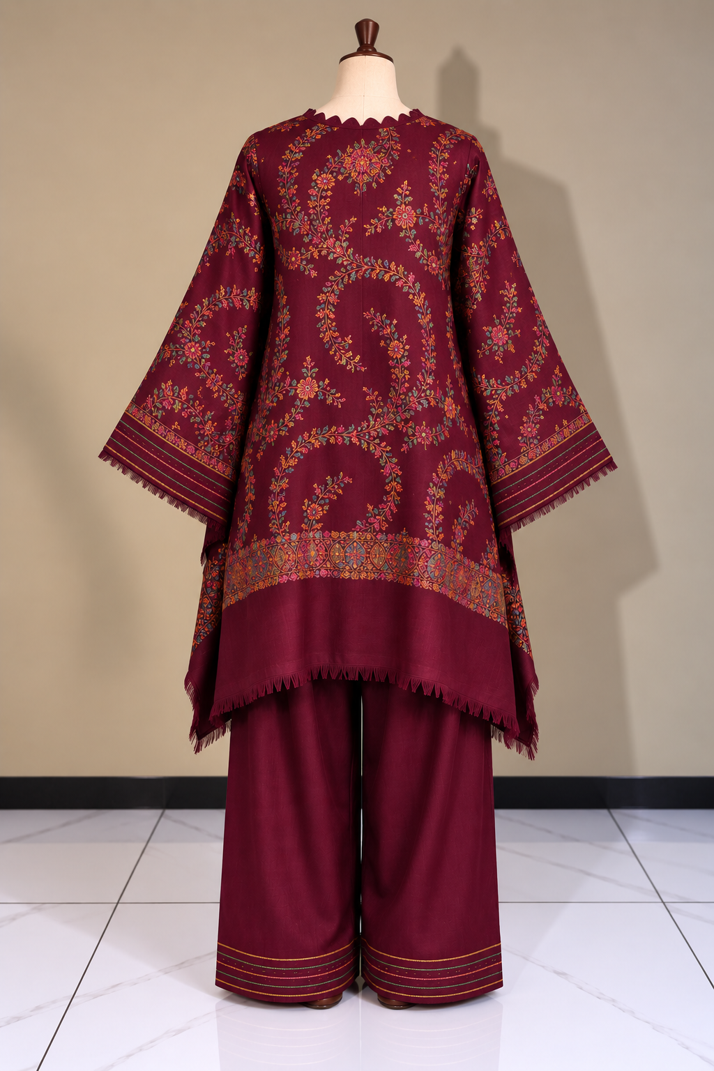 Burgundy Pashmina Handmade Stitched Co Ord Set