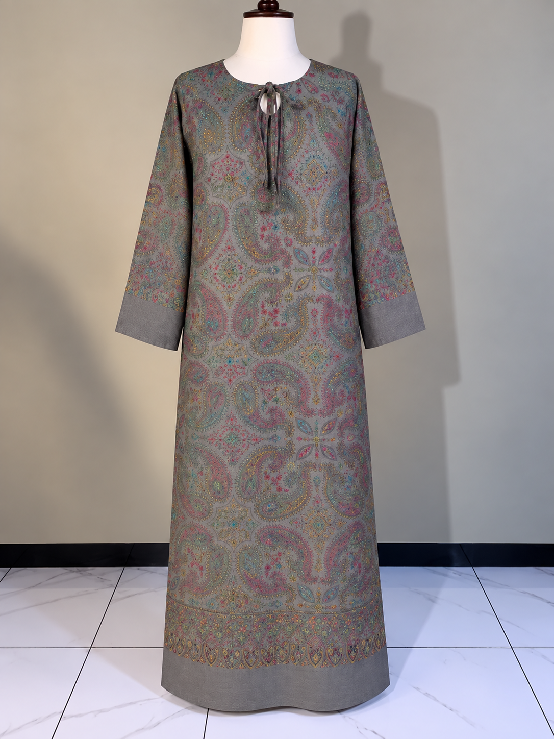 Grey Pashmina Handmade Embroidered Kaftaan