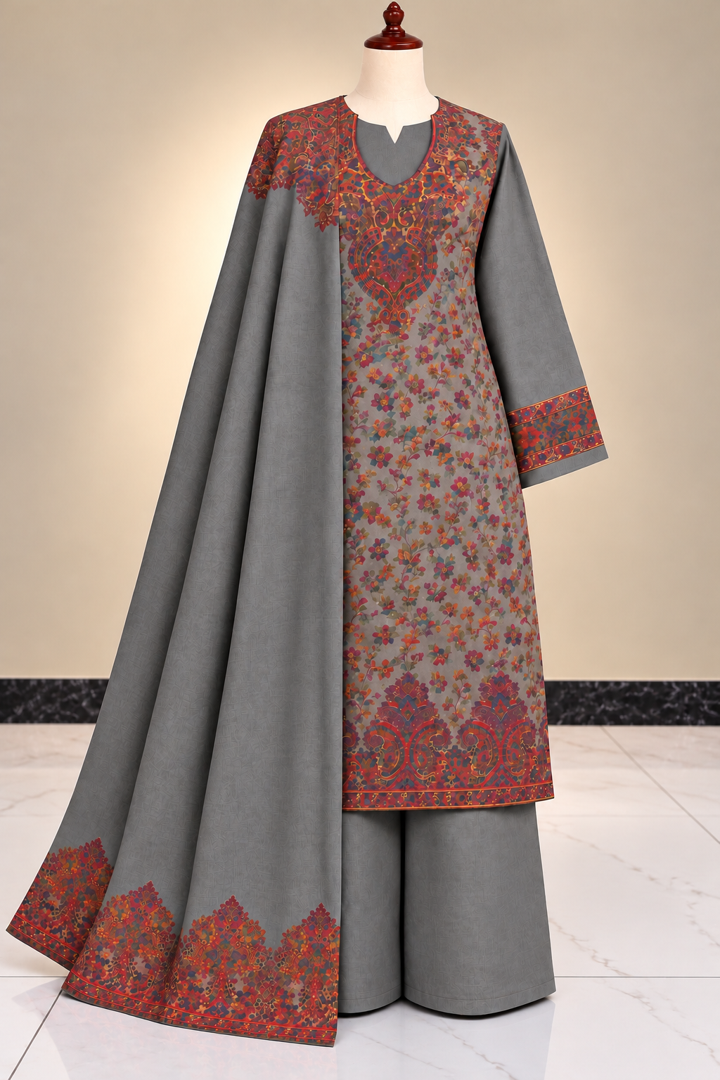 Unstitched Grey Pashmina Kani Jaal 3 Piece Suit