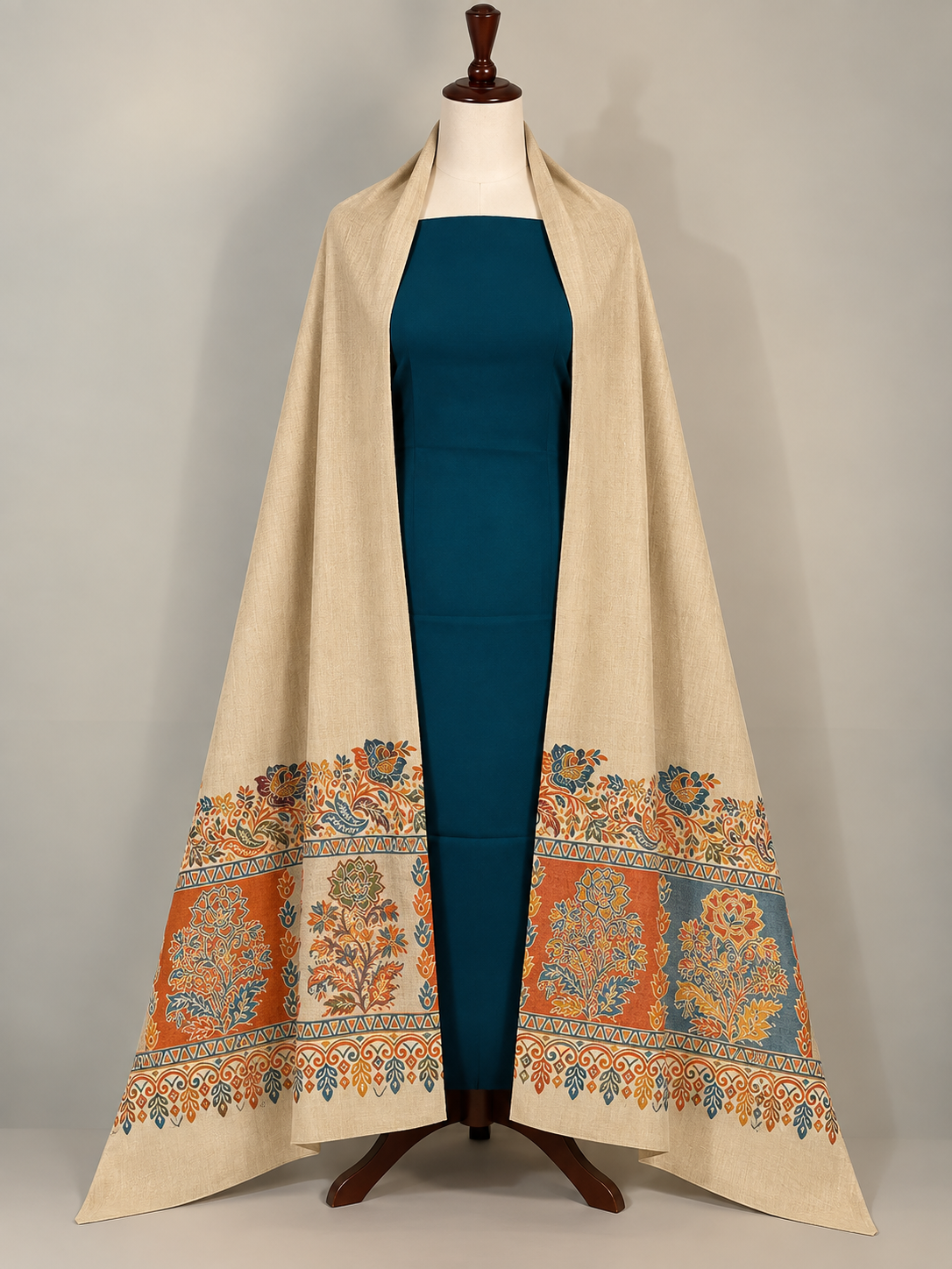 Beige Pashmina Kani Suit 3 Piece | Kani Border Shawl with Zinc Plain Suit