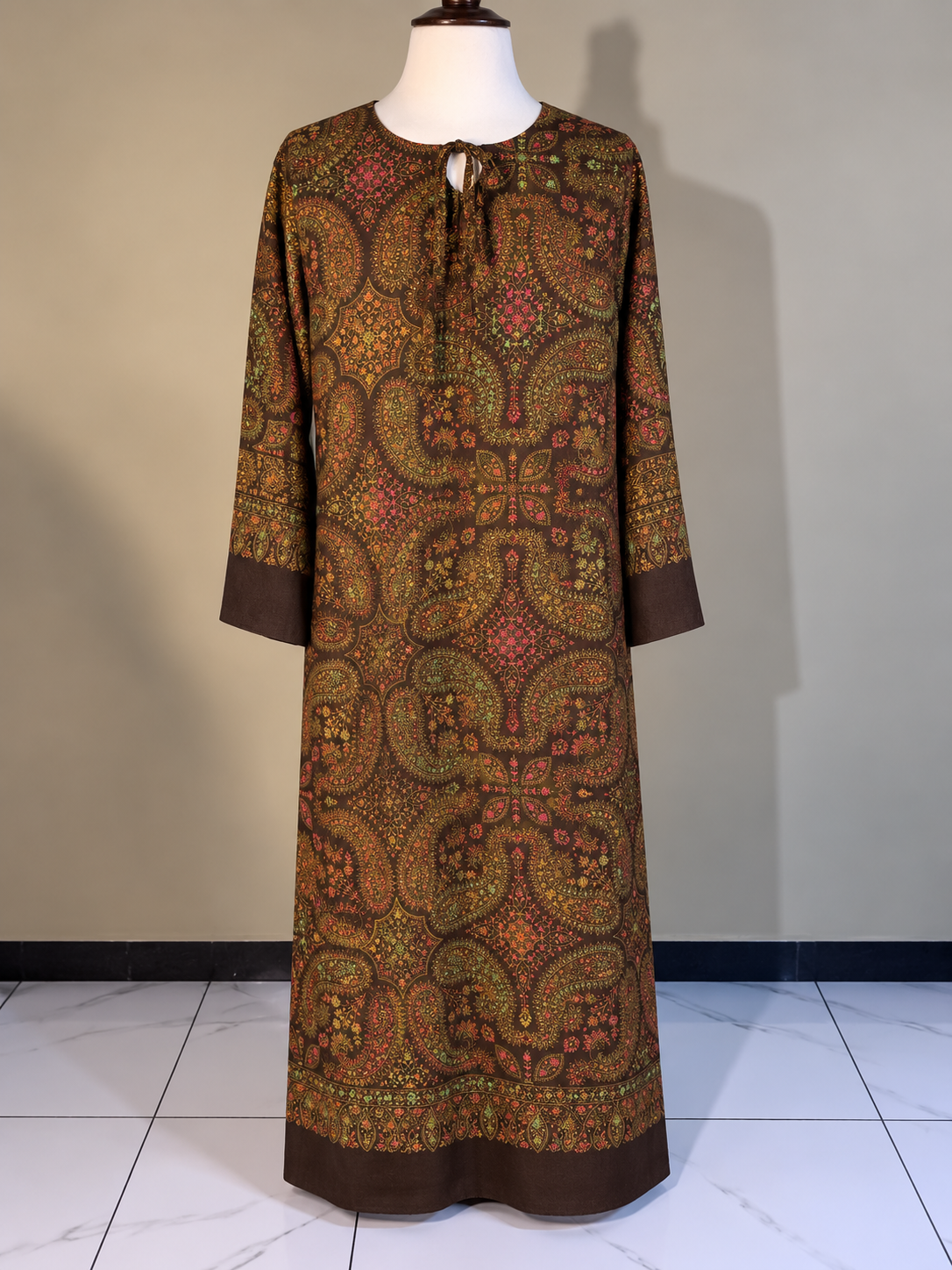 Chocolate Brown Pashmina Handmade Embroidered Kaftaan