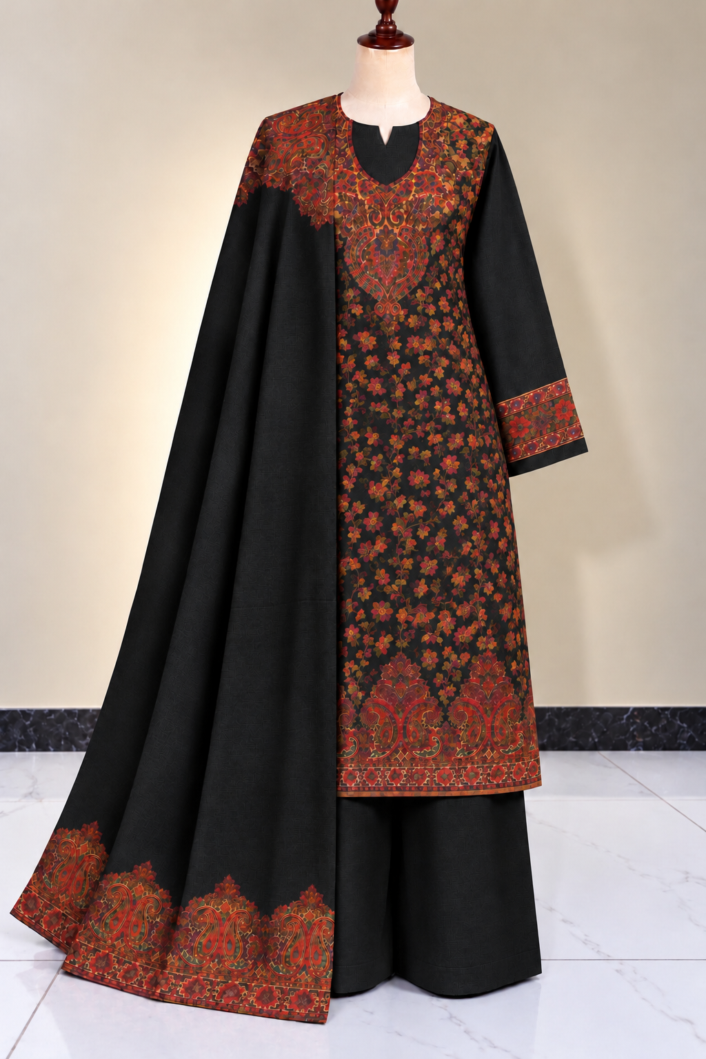 Unstitched Black Pashmina Kani Jaal 3 Piece Suit