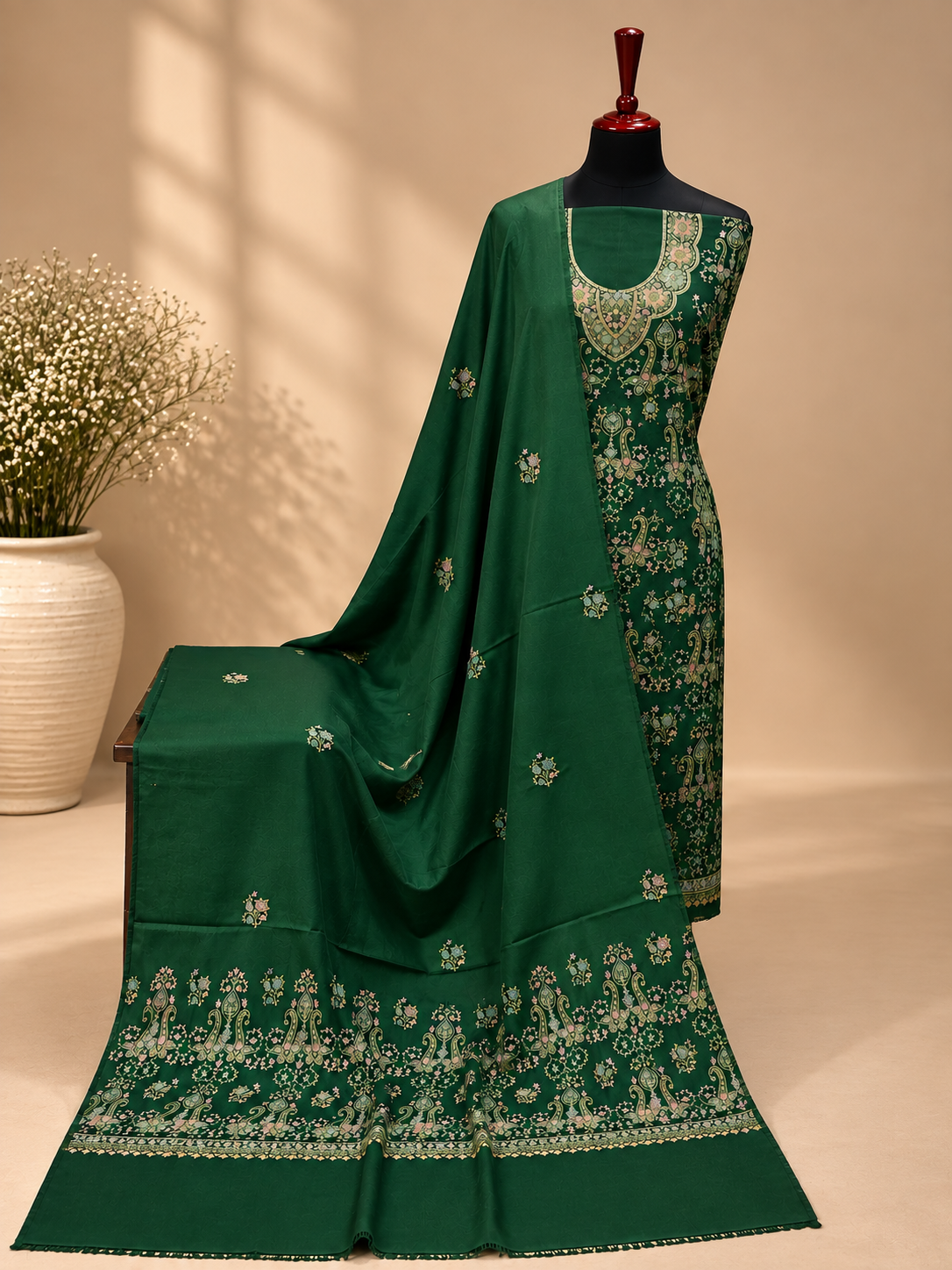 Bottle Green Kashmiri Pashmina Handmade Kacha Tanka Needle Work 3Pc Suit