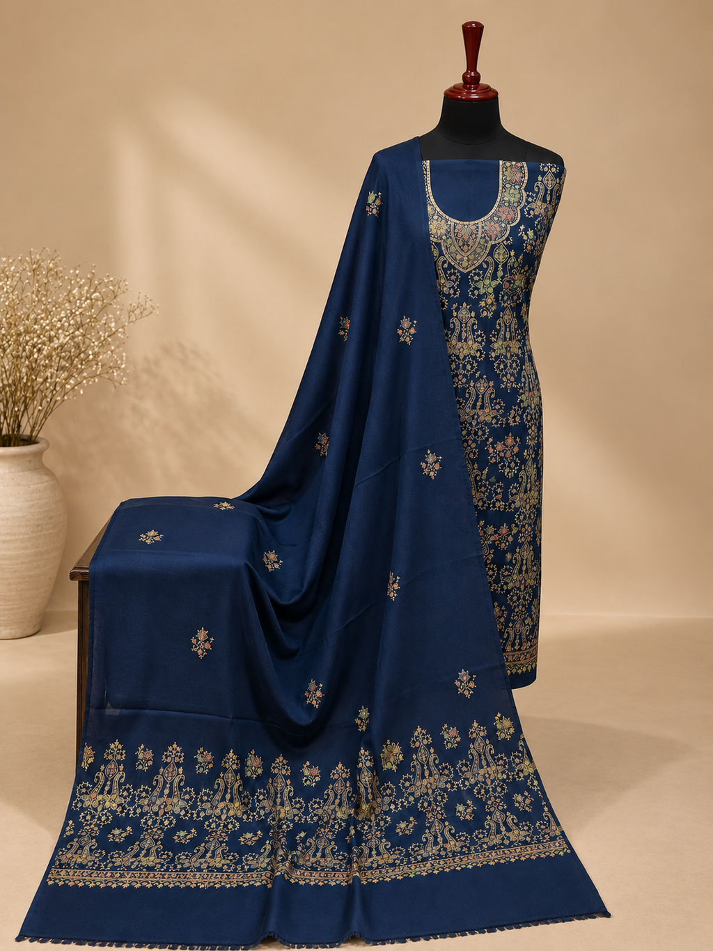 Navy Blue Kashmiri Pashmina Handmade Kacha Tanka Needle Work 3Pc Suit