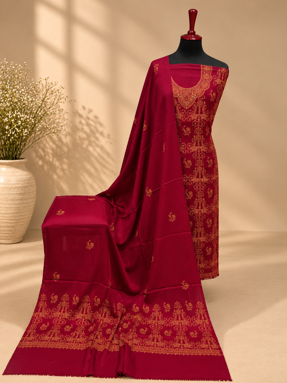 Maroon Kashmiri Pashmina Handmade Kacha Tanka Needle Work 3Pc Suit