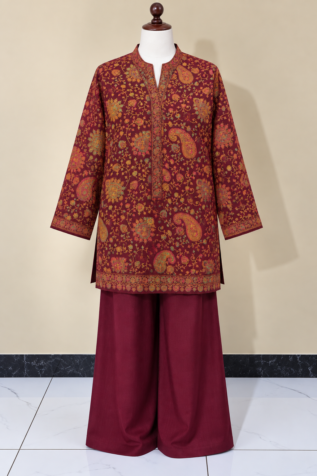 Burgundy Pashmina Handmade Stitched Co Ord Set