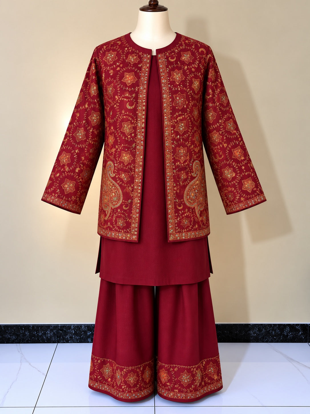 Maroon Pashmina Carry 3 Piece Suit with Farshi Shalwar and Coat