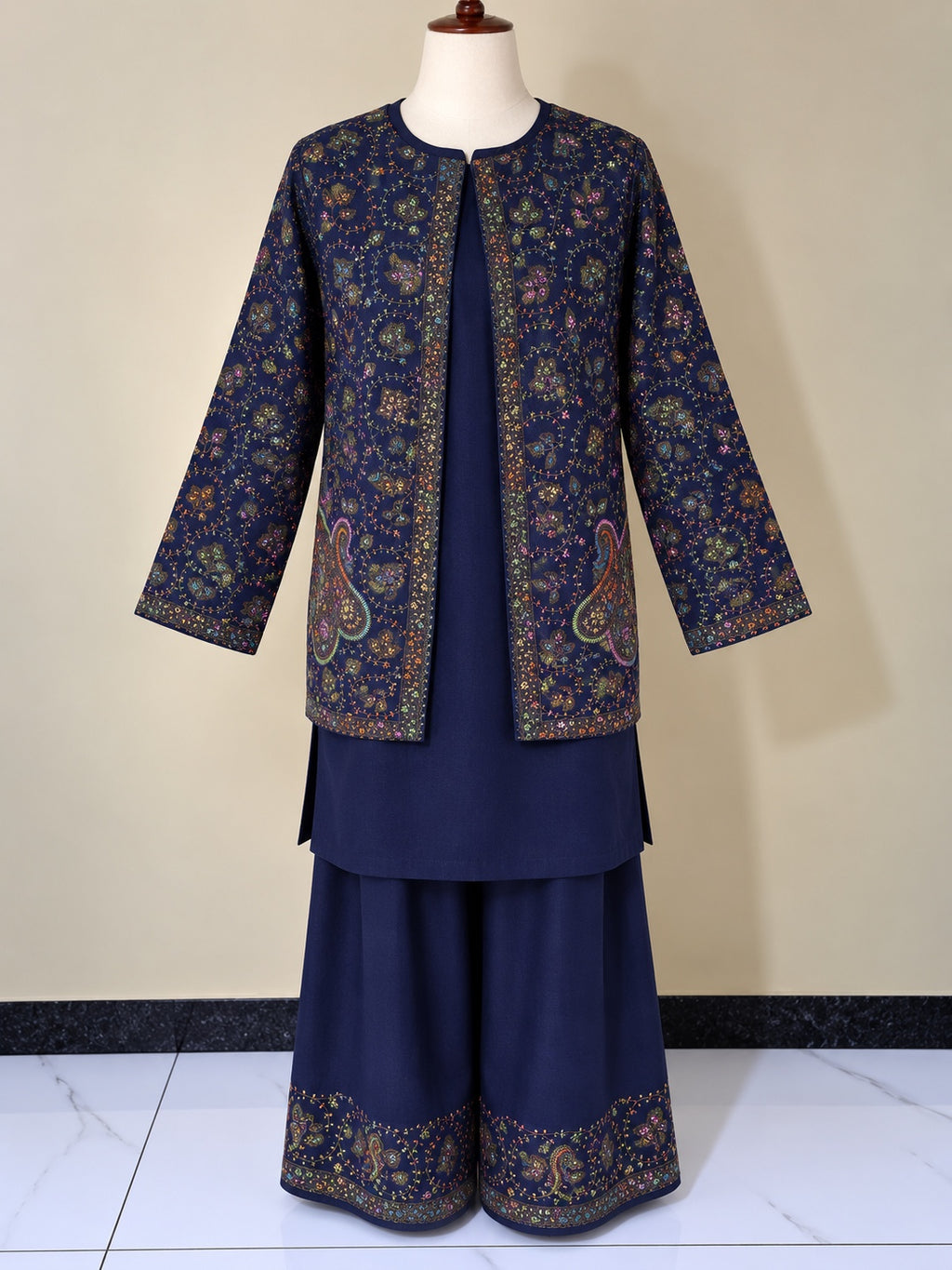 Navy Blue Pashmina Carry 3 Piece Suit with Farshi Shalwar and Coat