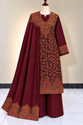 Unstitched Burgundy Pashmina Kani Jaal 3 Piece Suit