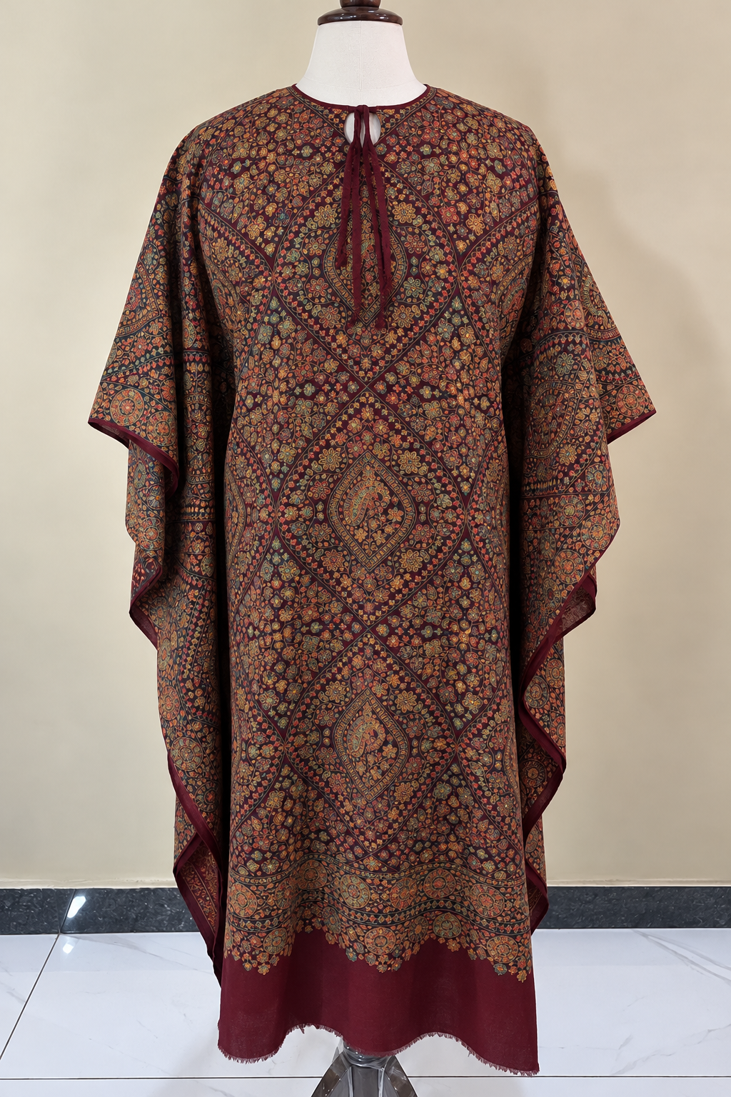 Maroon Pashmina Handmade Embroidered Kaftaan