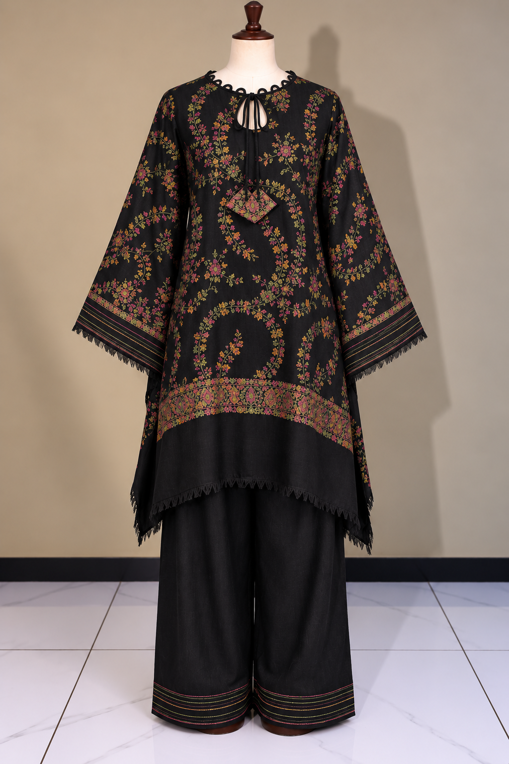 Black Pashmina Handmade Stitched Co Ord Set