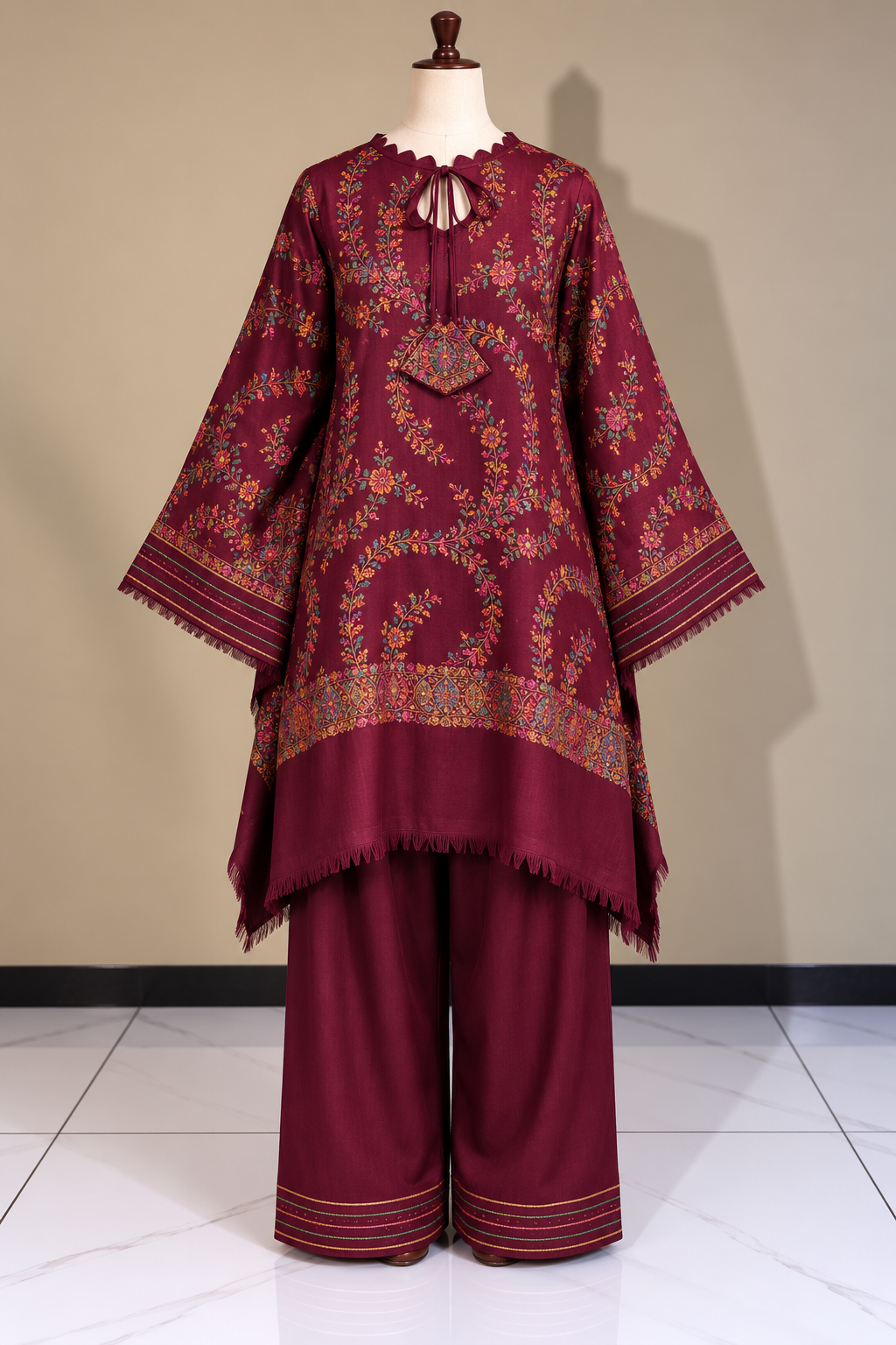 Burgundy Pashmina Handmade Stitched Co Ord Set