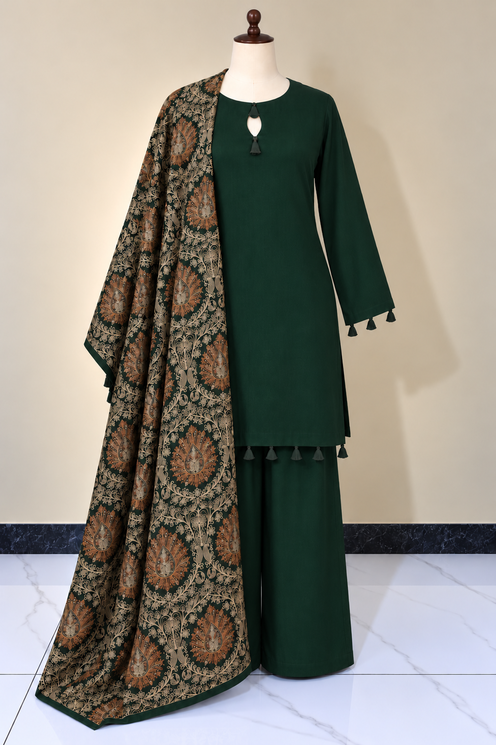 Bottle Green Needle Work Pashmina Suit 3 Piece