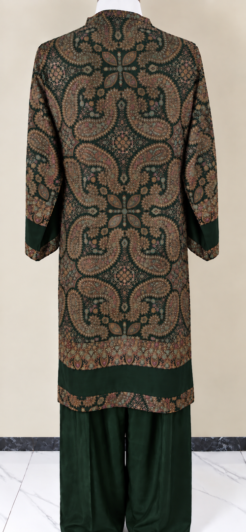 Bottle Green Kashmiri Pashmina Handmade Stitched Co Ord Set with Farshi Shalwar
