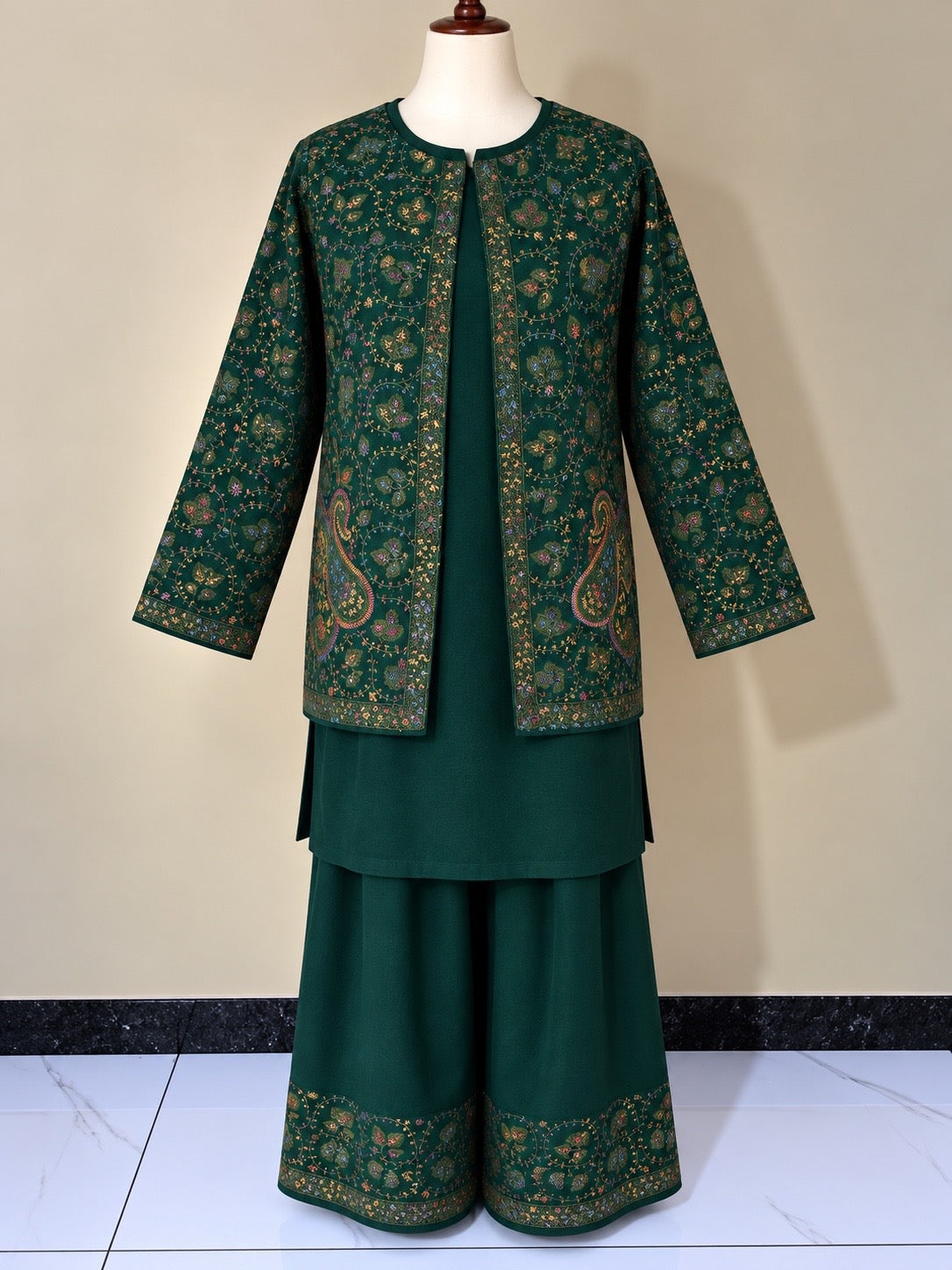 Bottle Green Pashmina Carry 3 Piece Suit with Farshi Shalwar and Coat