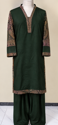 Bottle Green Kashmiri Pashmina Handmade Stitched Co Ord Set with Farshi Shalwar
