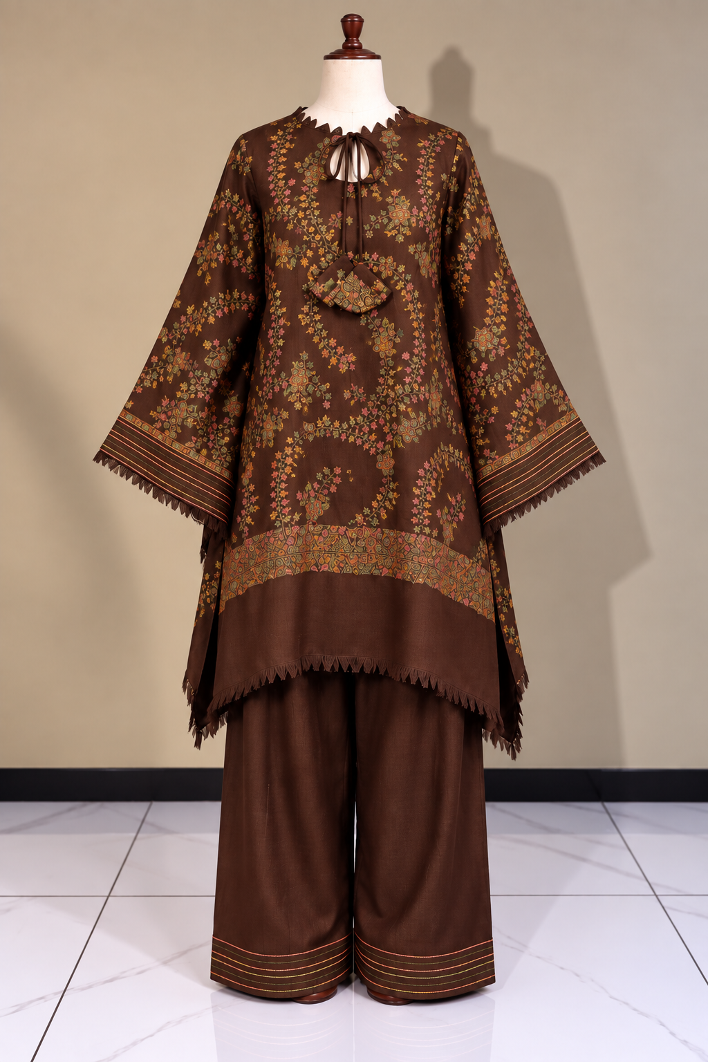 Chocolate Brown Pashmina Handmade Stitched Co Ord Set
