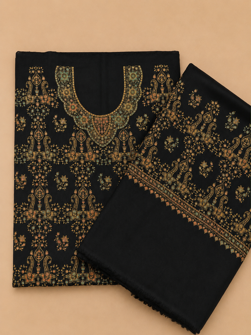 Black Kashmiri Pashmina Handmade Kacha Tanka Needle Work 3Pc Suit