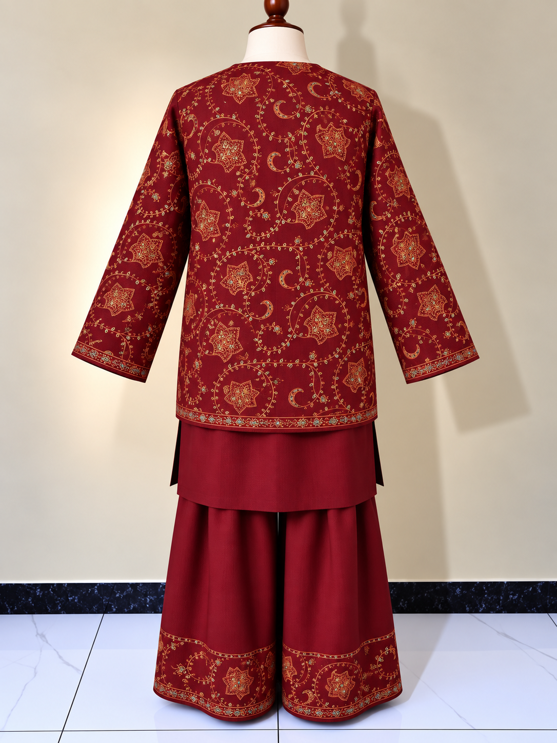 Maroon Pashmina Carry 3 Piece Suit with Farshi Shalwar and Coat