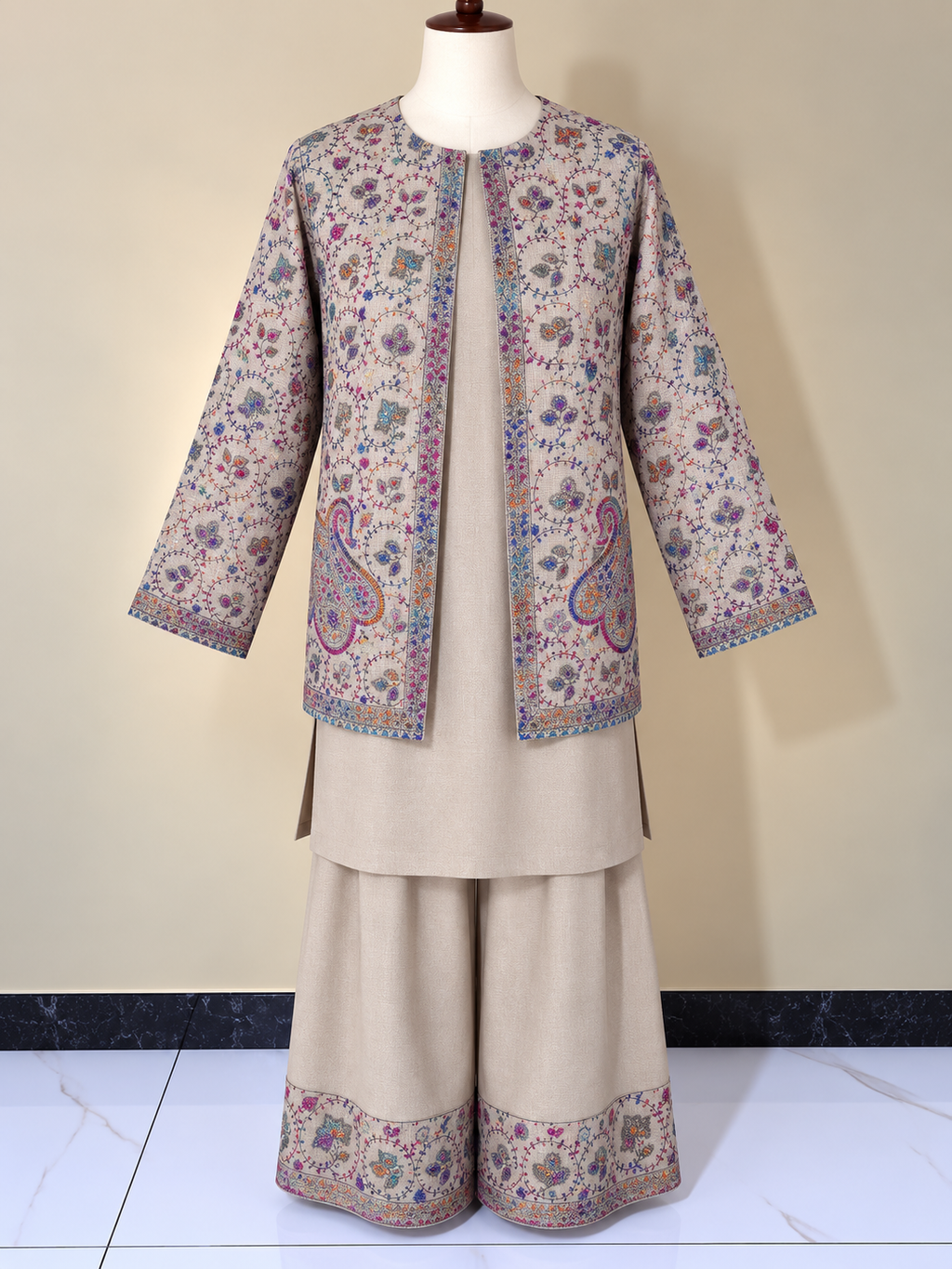 Skin Pashmina Carry 3 Piece Suit with Farshi Shalwar and Coat