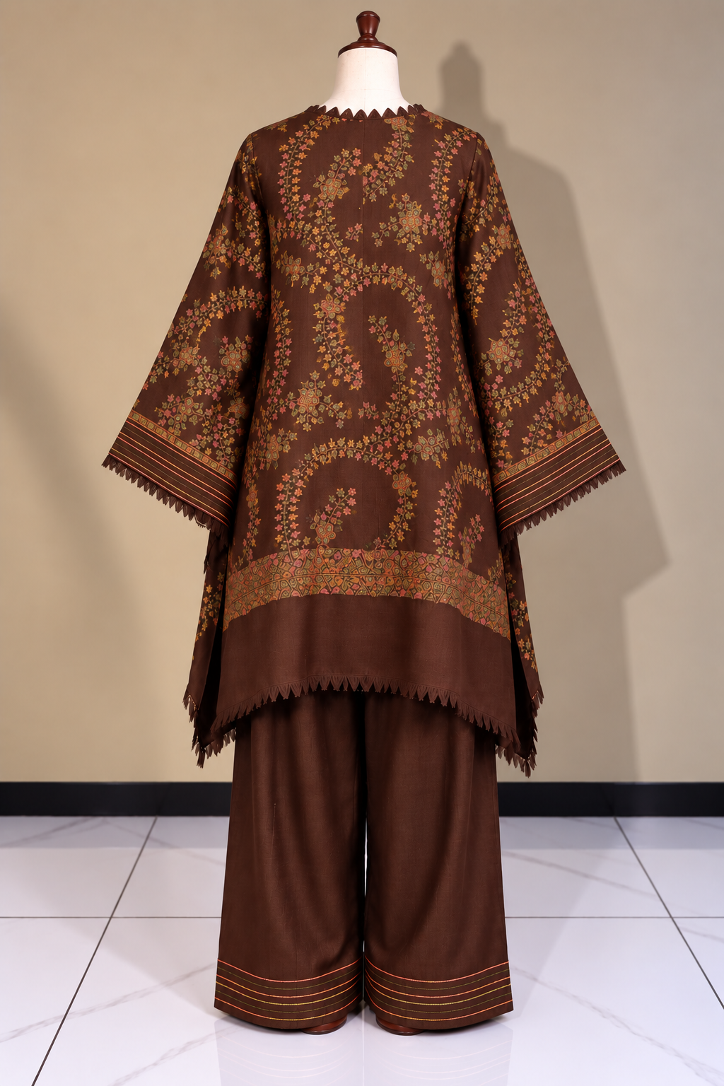 Chocolate Brown Pashmina Handmade Stitched Co Ord Set
