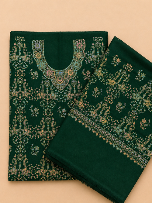 Bottle Green Kashmiri Pashmina Handmade Kacha Tanka Needle Work 3Pc Suit