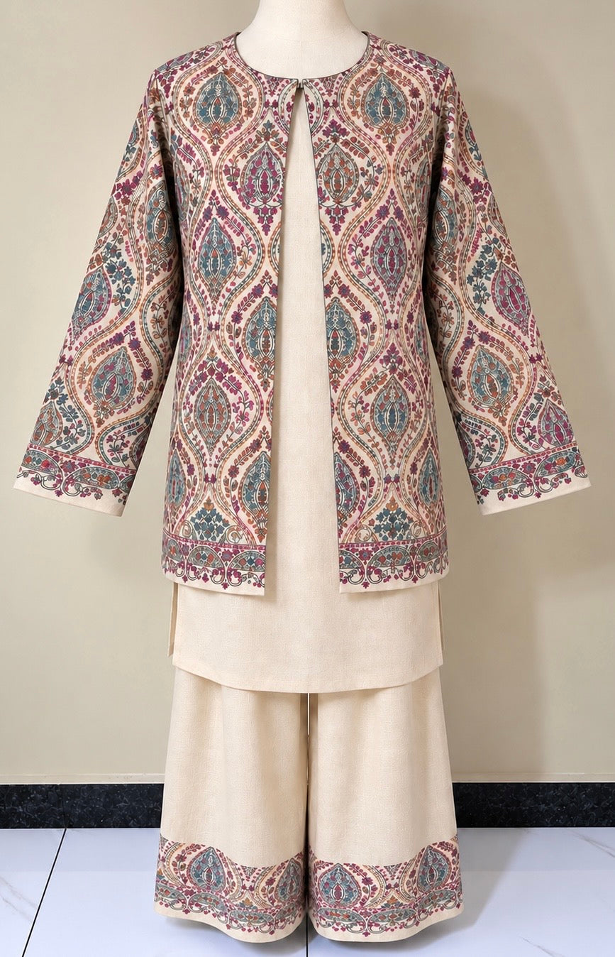 Off White Pashmina 3 Piece Suit with Coat
