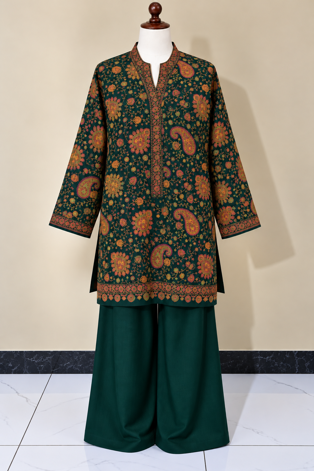 Bottle Green Pashmina Handmade Stitched Co Ord Set