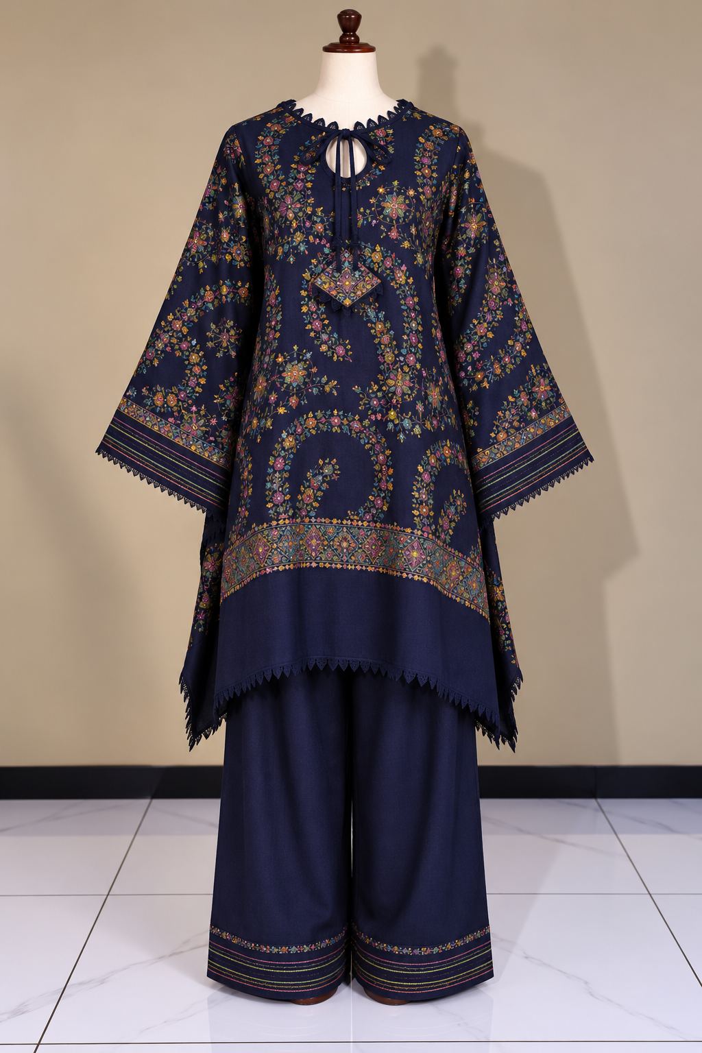 Navy Blue Pashmina Handmade Stitched Co Ord Set