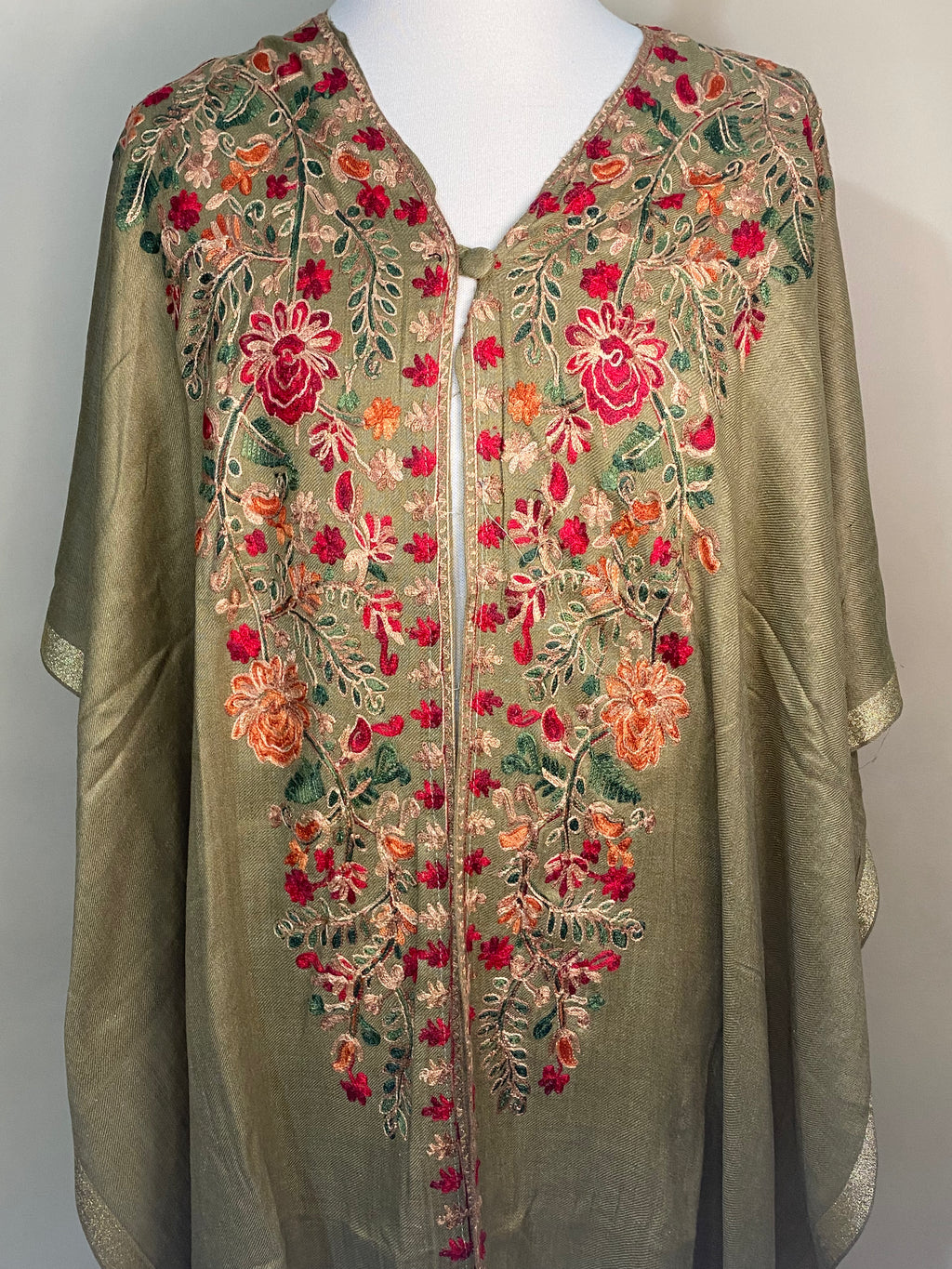 Olive Green Pashmina Cape Shawl | Pashmina Embroidered Kashmiri Cape Shawl