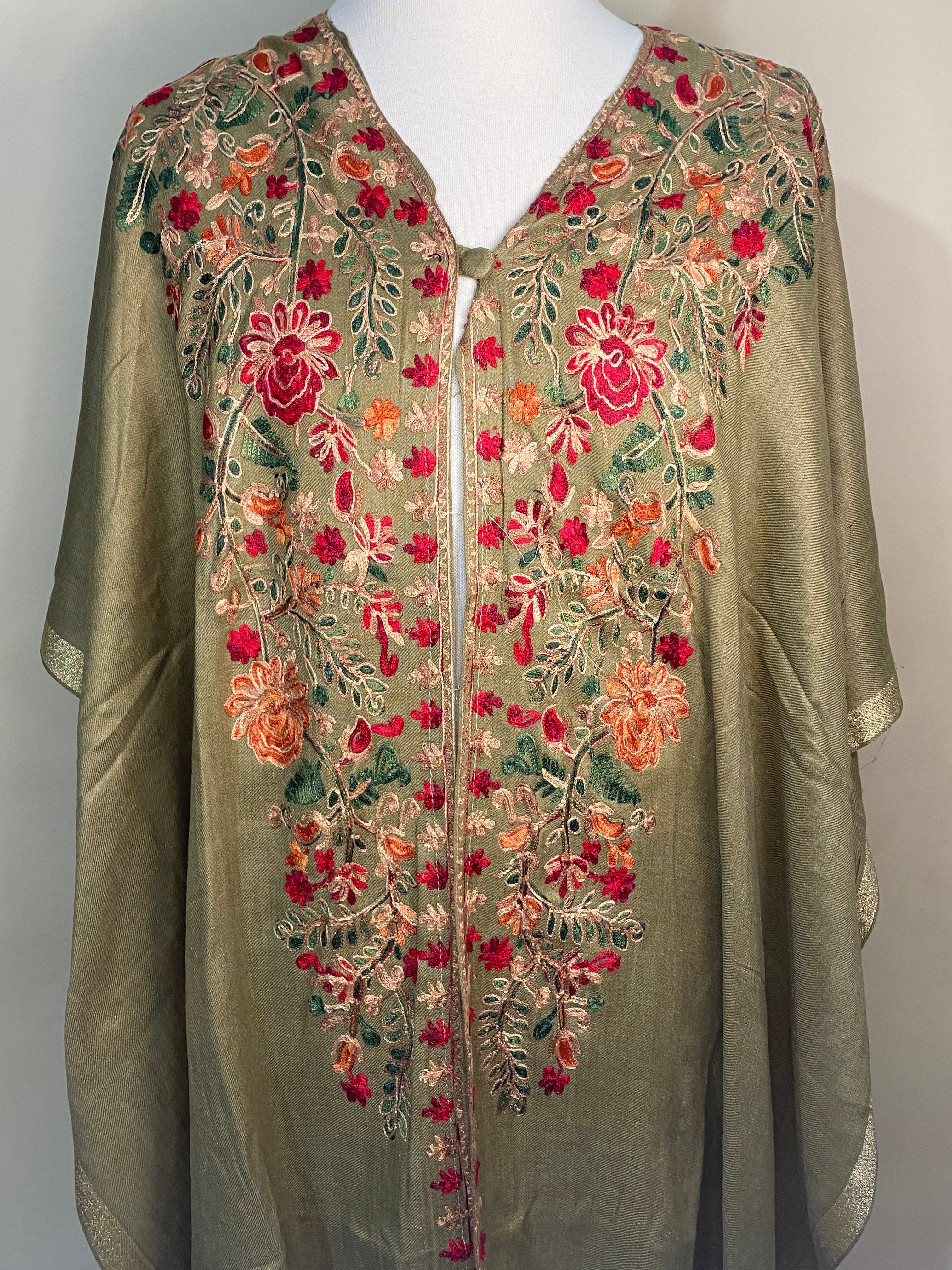 Olive Green Pashmina Cape Shawl | Pashmina Embroidered Kashmiri Cape Shawl