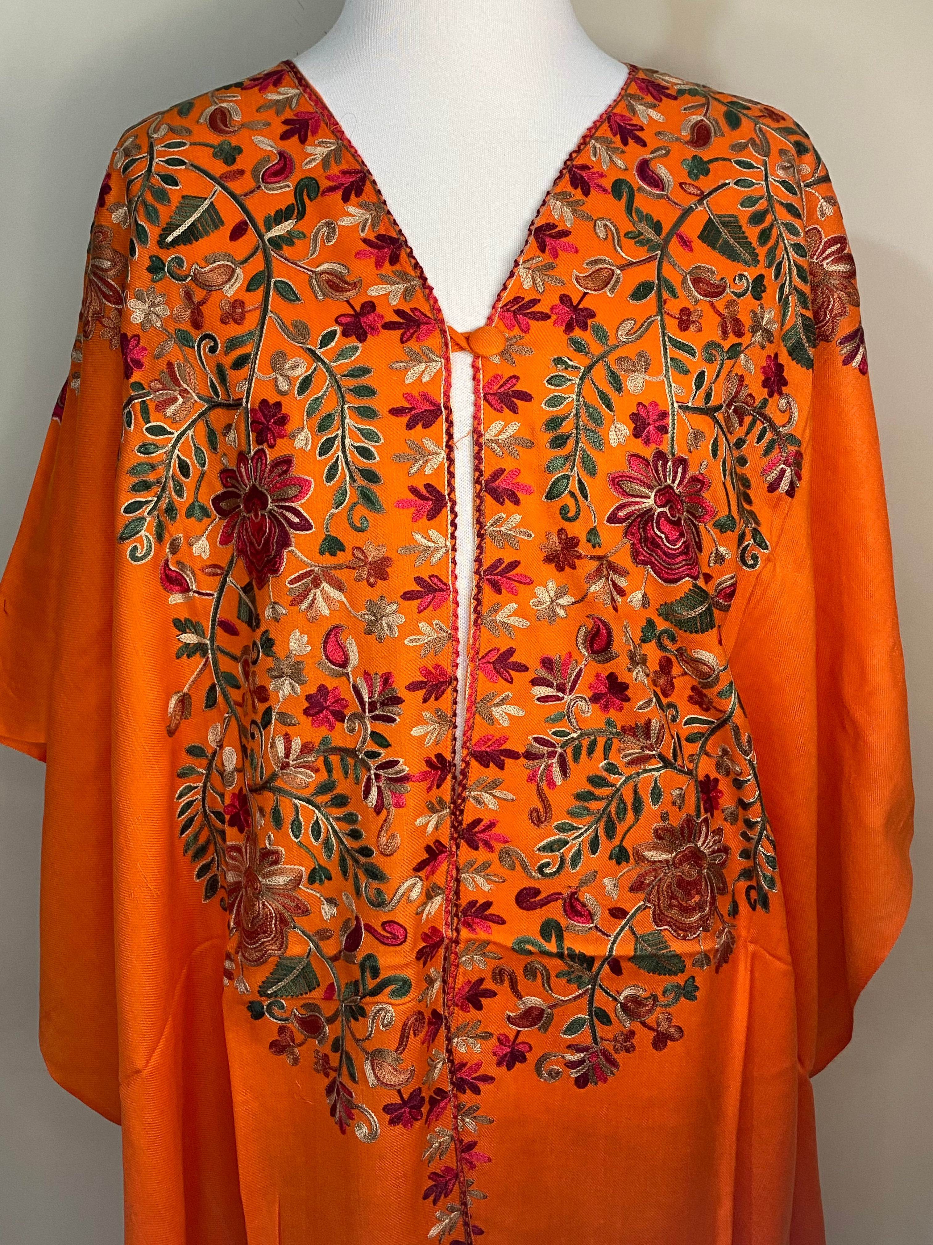 Orange Pashmina Cape Shawl | Pashmina Embroidered Kashmiri Cape Shawl