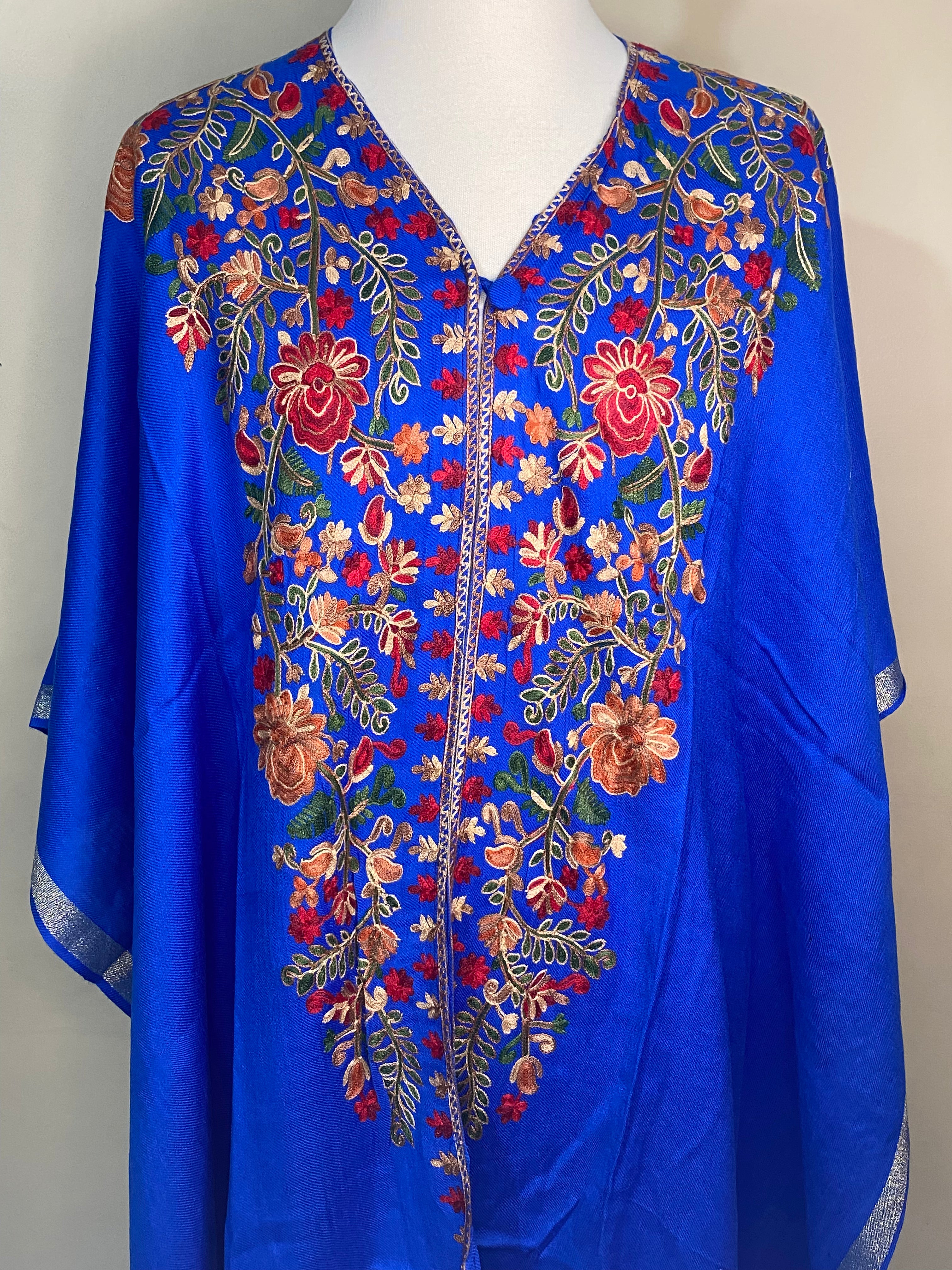 Blue Pashmina Cape Shawl | Pashmina Embroidered Kashmiri Cape Shawl