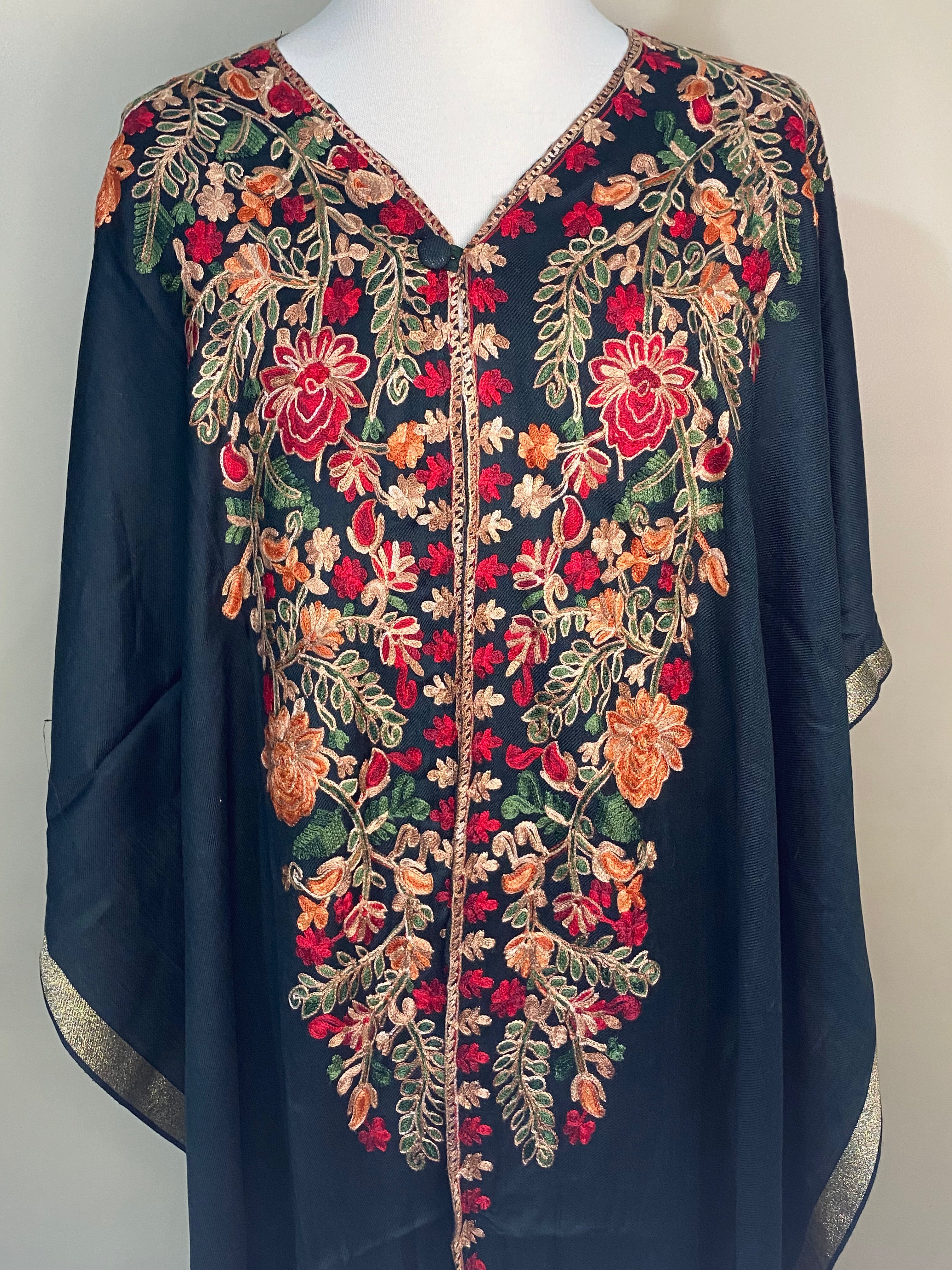 Bottle Green Pashmina Cape Shawl | Pashmina Embroidered Kashmiri Cape Shawl