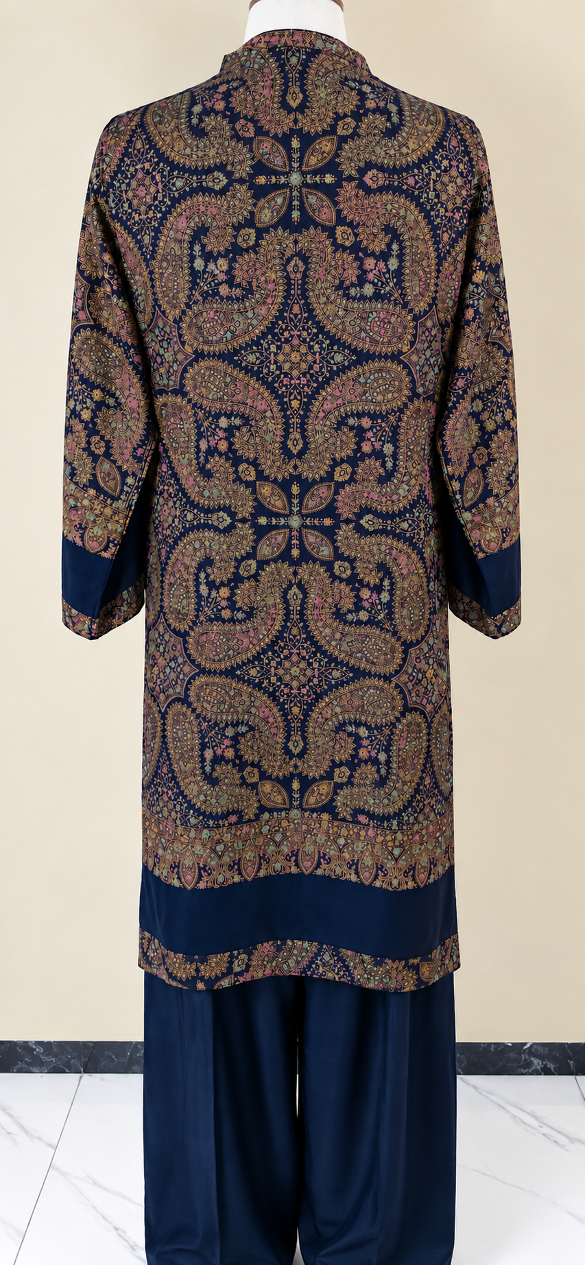 Navy Blue Kashmiri Pashmina Handmade Stitched Co Ord Set with Farshi Shalwaray