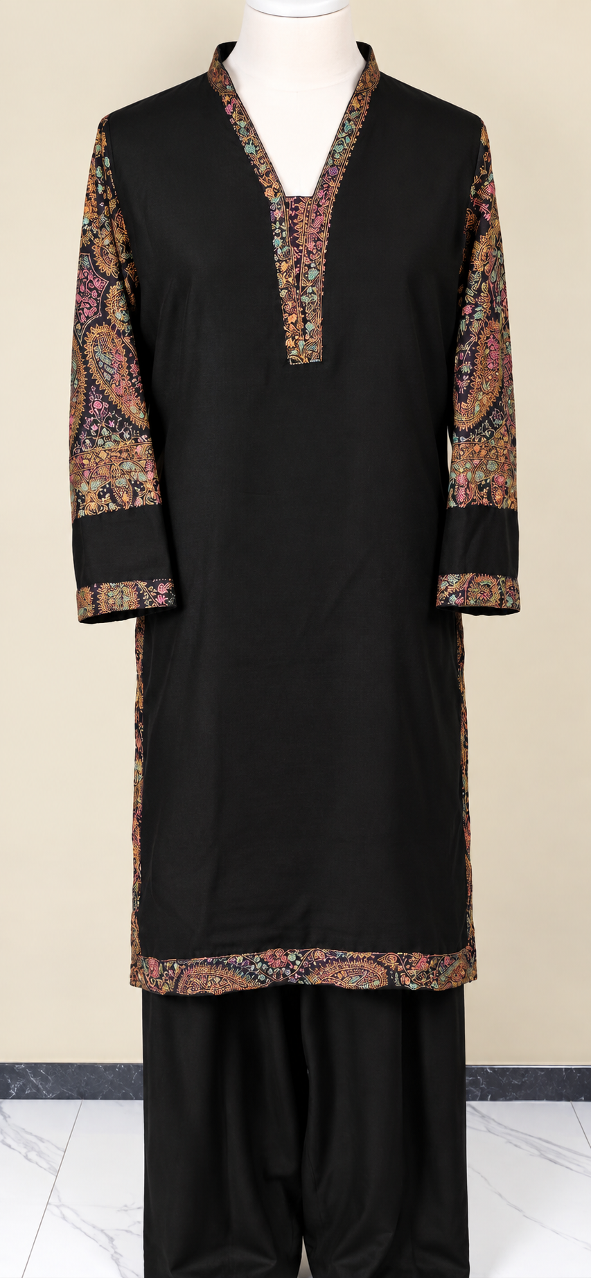 Black Kashmiri Pashmina Handmade Stitched Co Ord Set with Farshi Shalwar