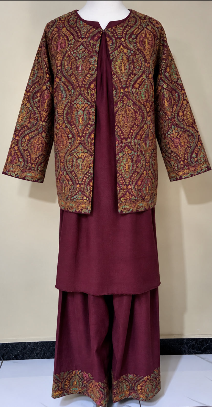Burgundy Pashmina 3 Piece Suit with Coat