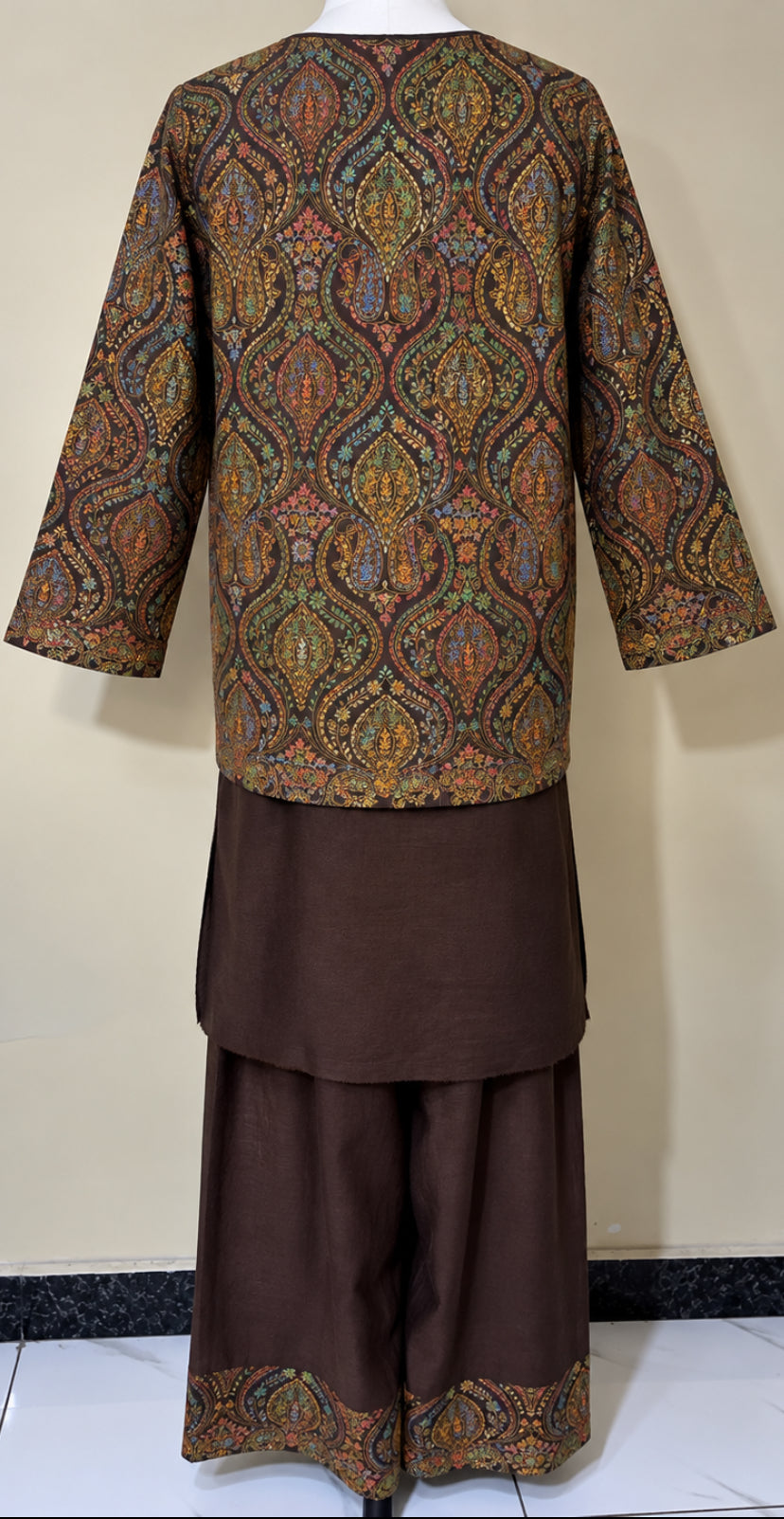 Chocolate Brown Pashmina 3 Piece Suit with Coat