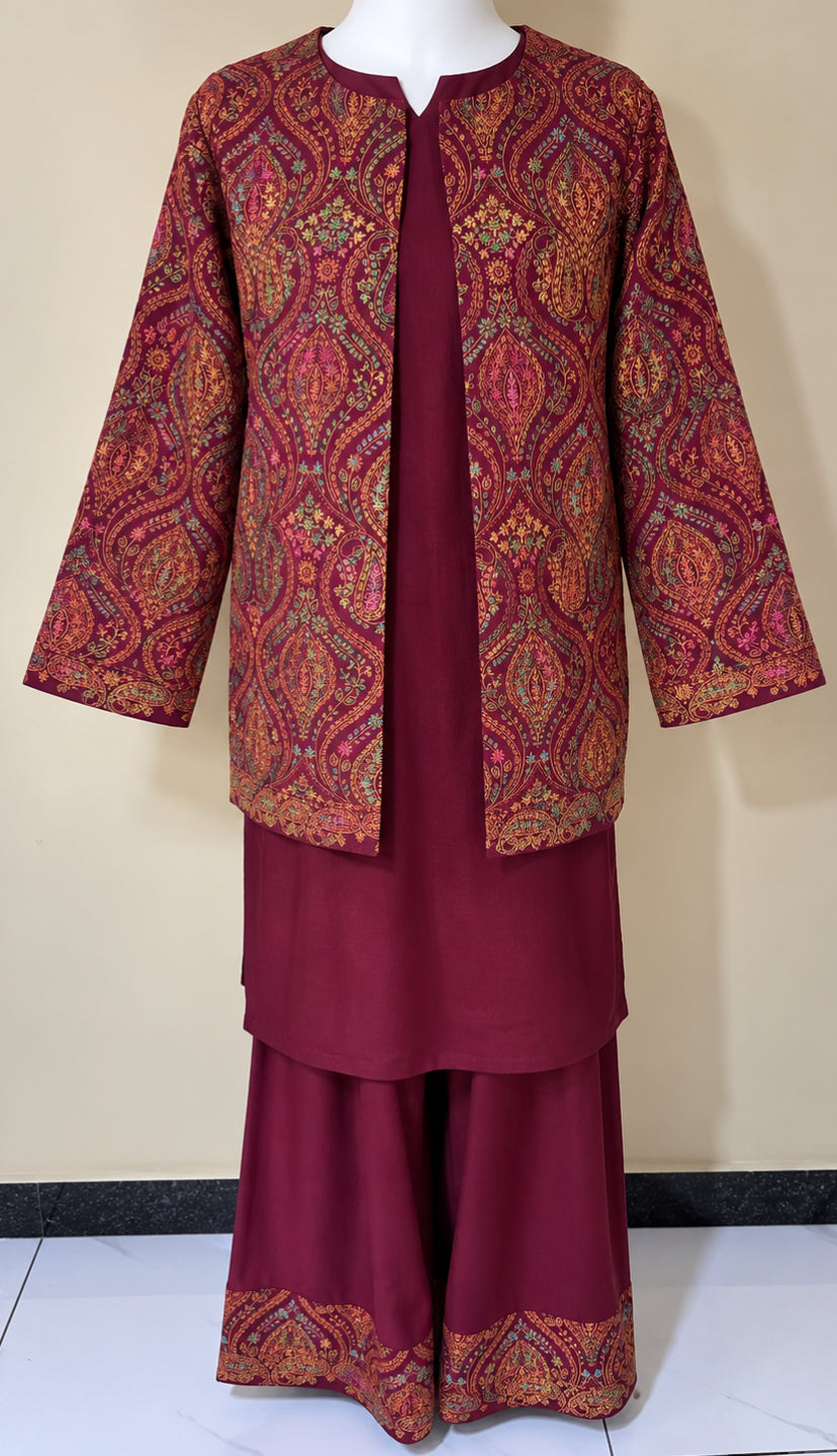 Maroon Pashmina 3 Piece Suit with Coat