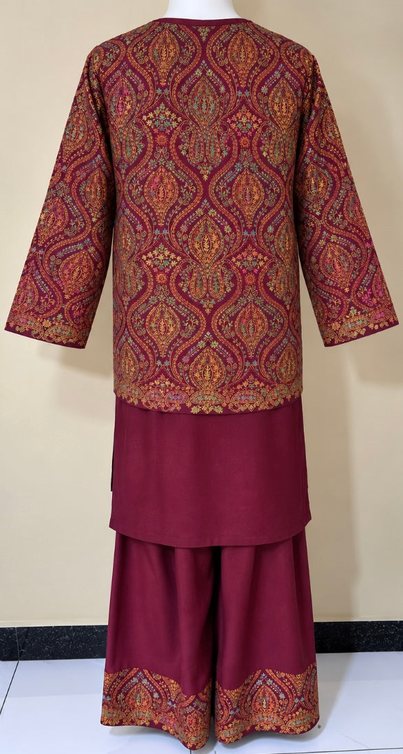 Maroon Pashmina 3 Piece Suit with Coat