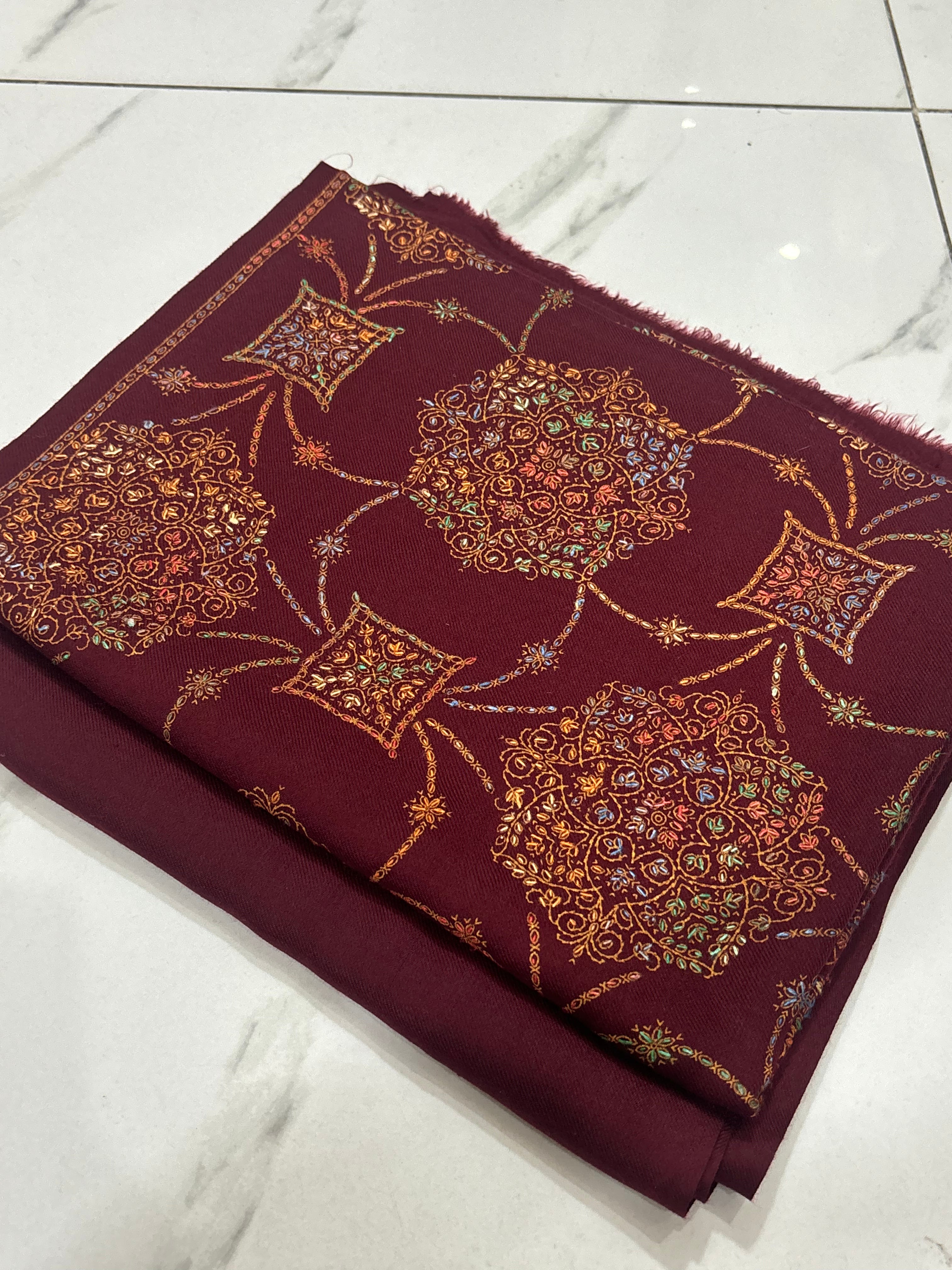Burgundy Pashmina Handmade Kacha Tanka Suit 3 Piece