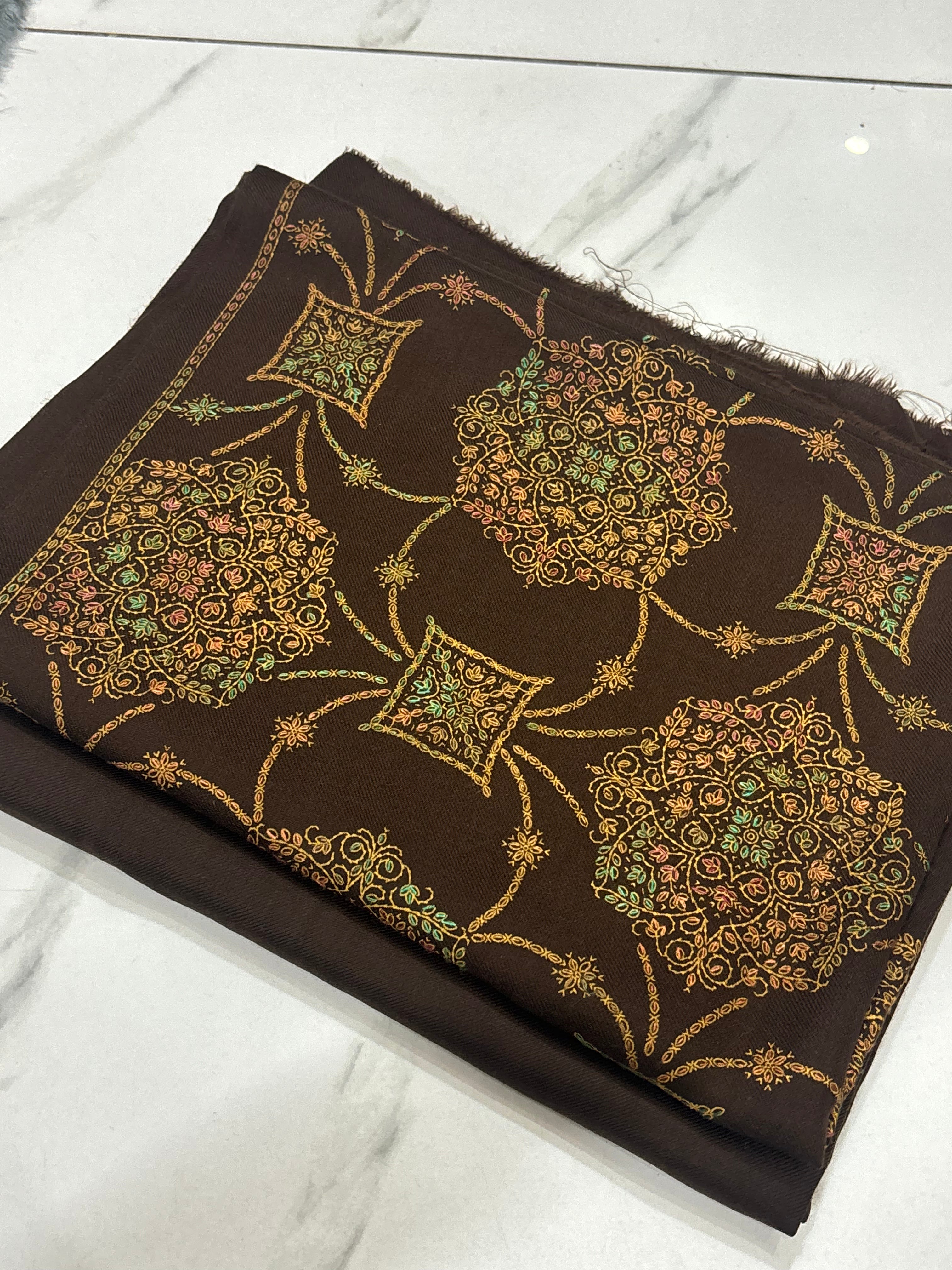 Chocolate Brown Pashmina Handmade Kacha Tanka Suit 3 Piece