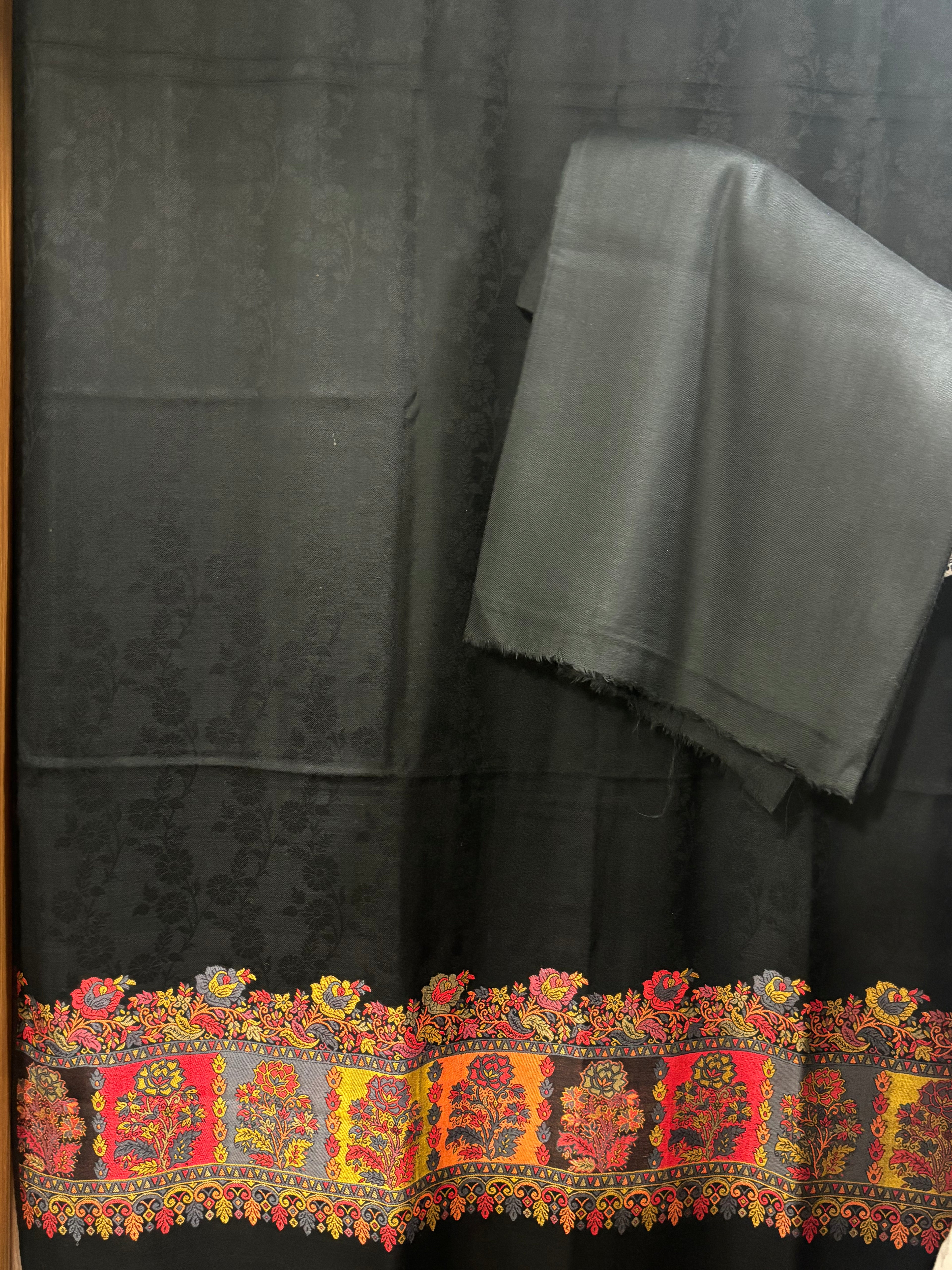 Black Pashmina Kani Suit 3 Piece | Kani Border Shawl with Plain Suit
