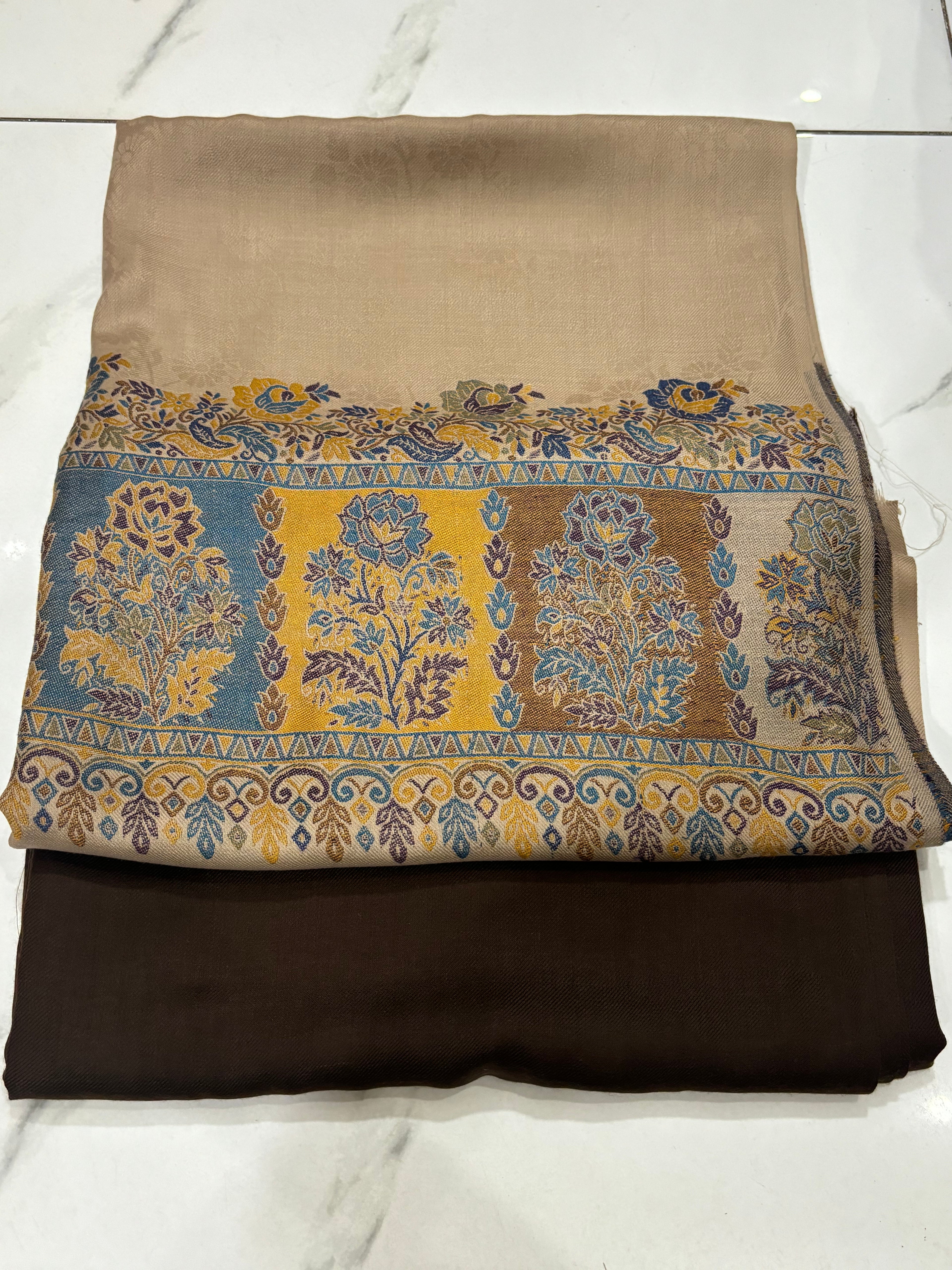 Skin Pashmina Kani Suit 3 Piece | Kani Border Shawl with Chocolate Suit
