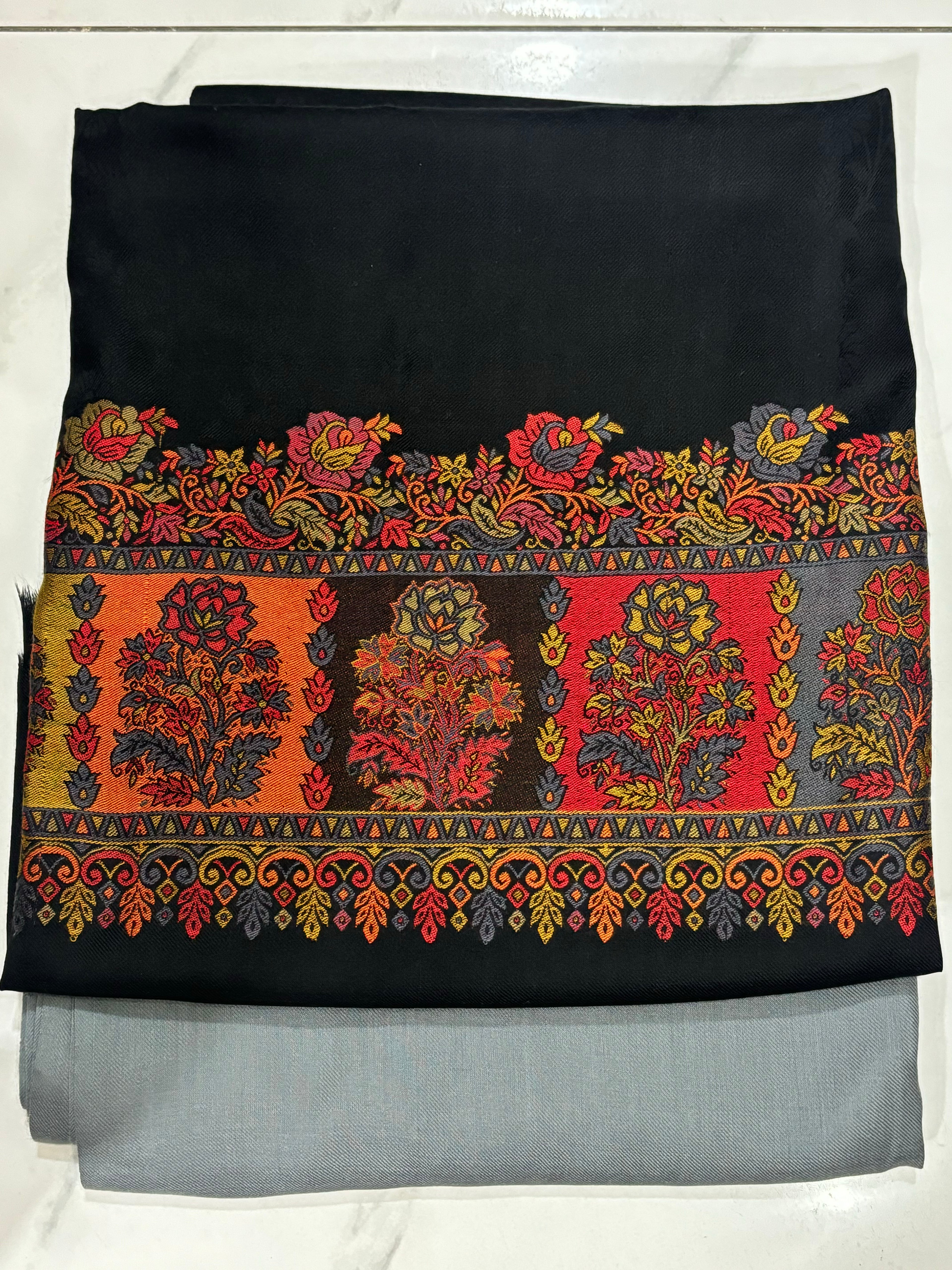 Black Pashmina Kani Suit 3 Piece | Kani Border Shawl with Grey
