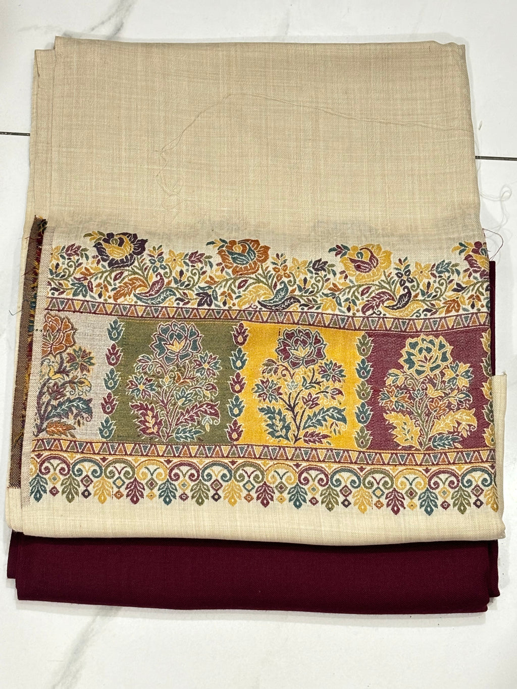 Skin Pashmina Kani Suit 3 Piece | Kani Border Shawl with Maroon Plain Suit