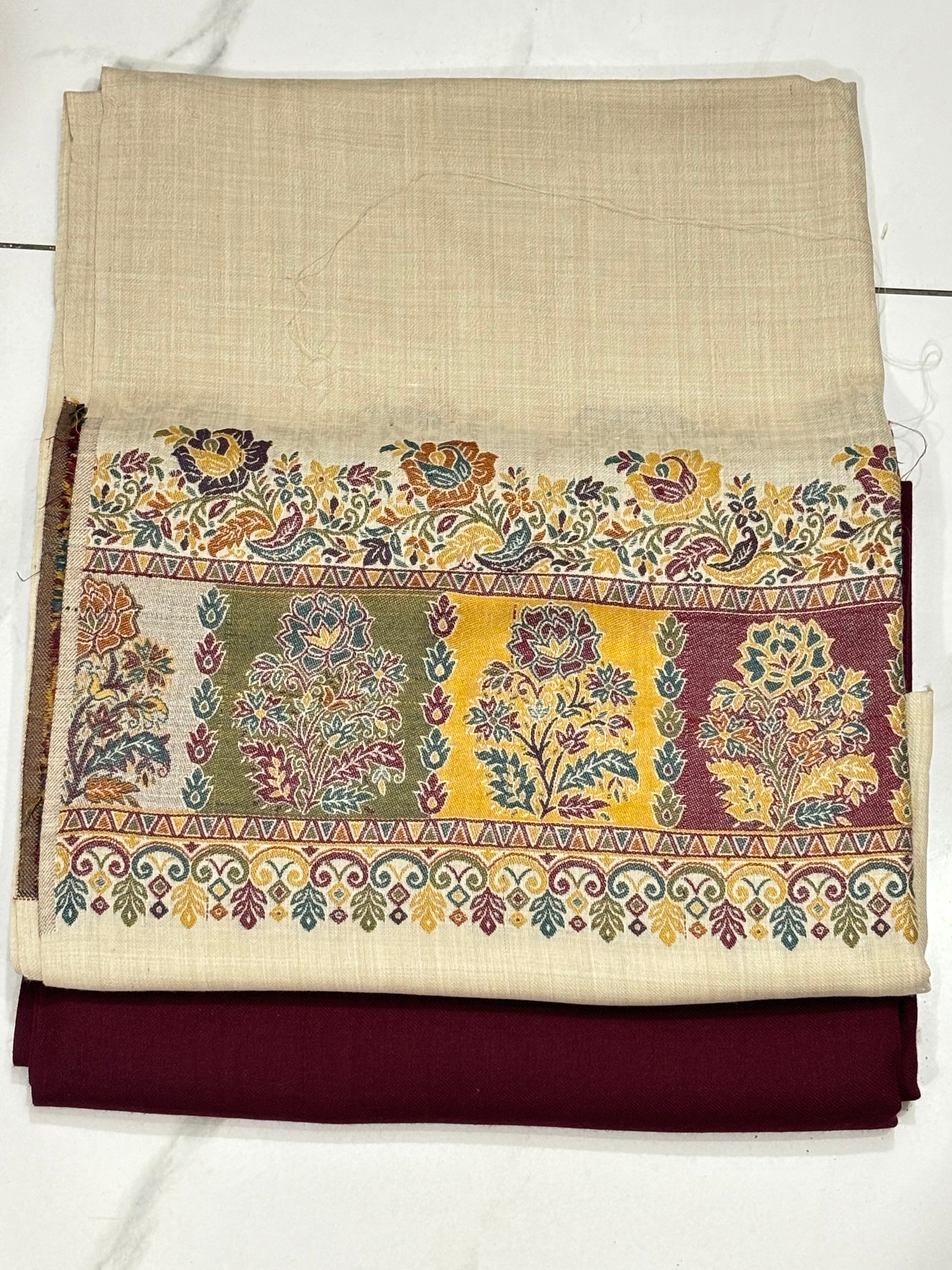 Skin Pashmina Kani Suit 3 Piece | Kani Border Shawl with Maroon Plain Suit
