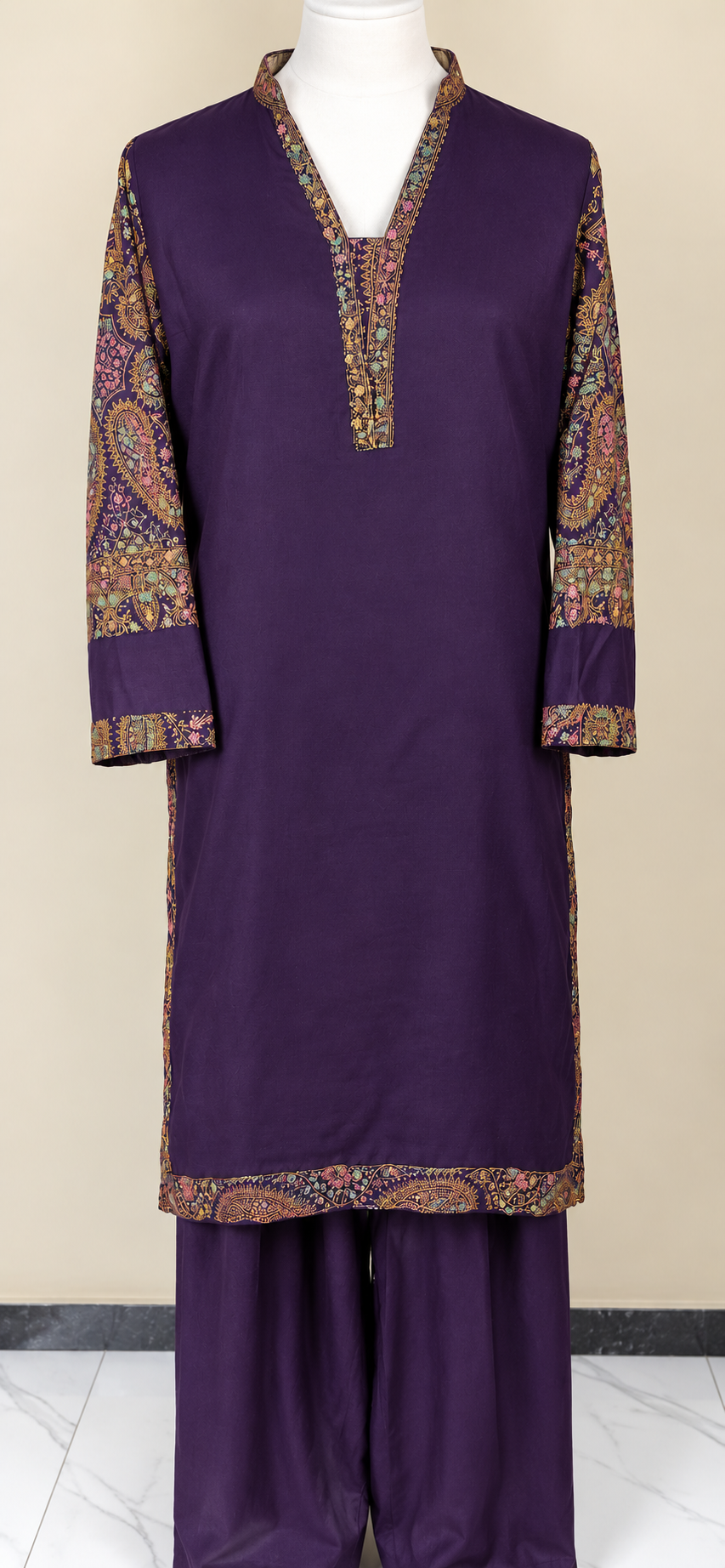 Purple Kashmiri Pashmina Handmade Stitched Co Ord Set with Farshi Shalwar