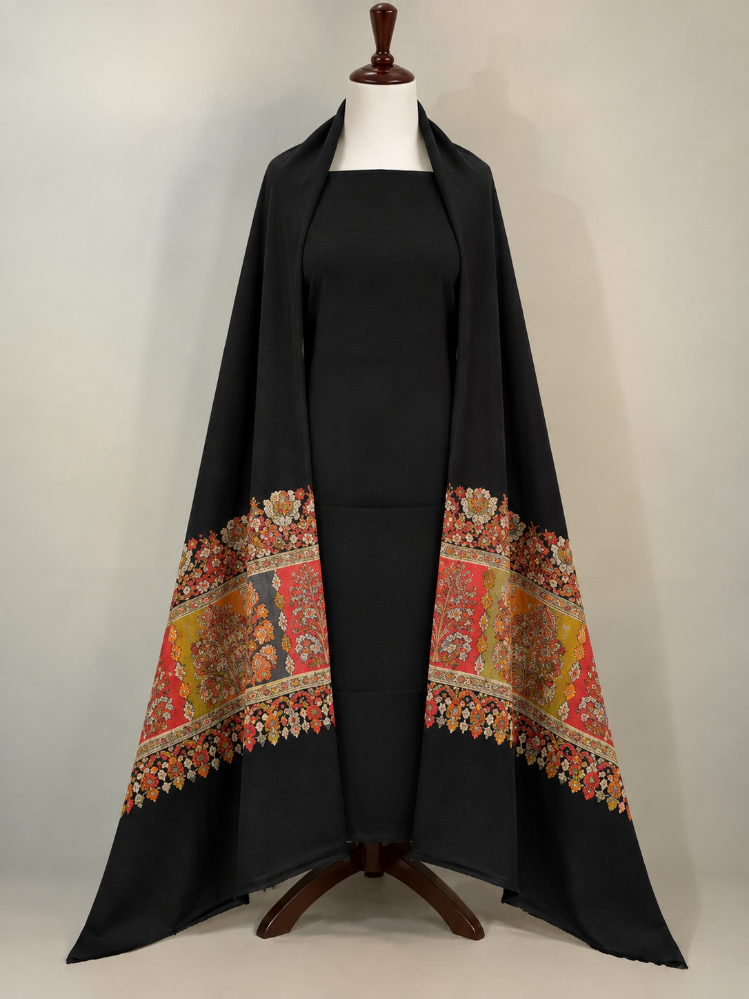 Black Pashmina Kani Suit 3 Piece | Kani Border Shawl with Plain Suit